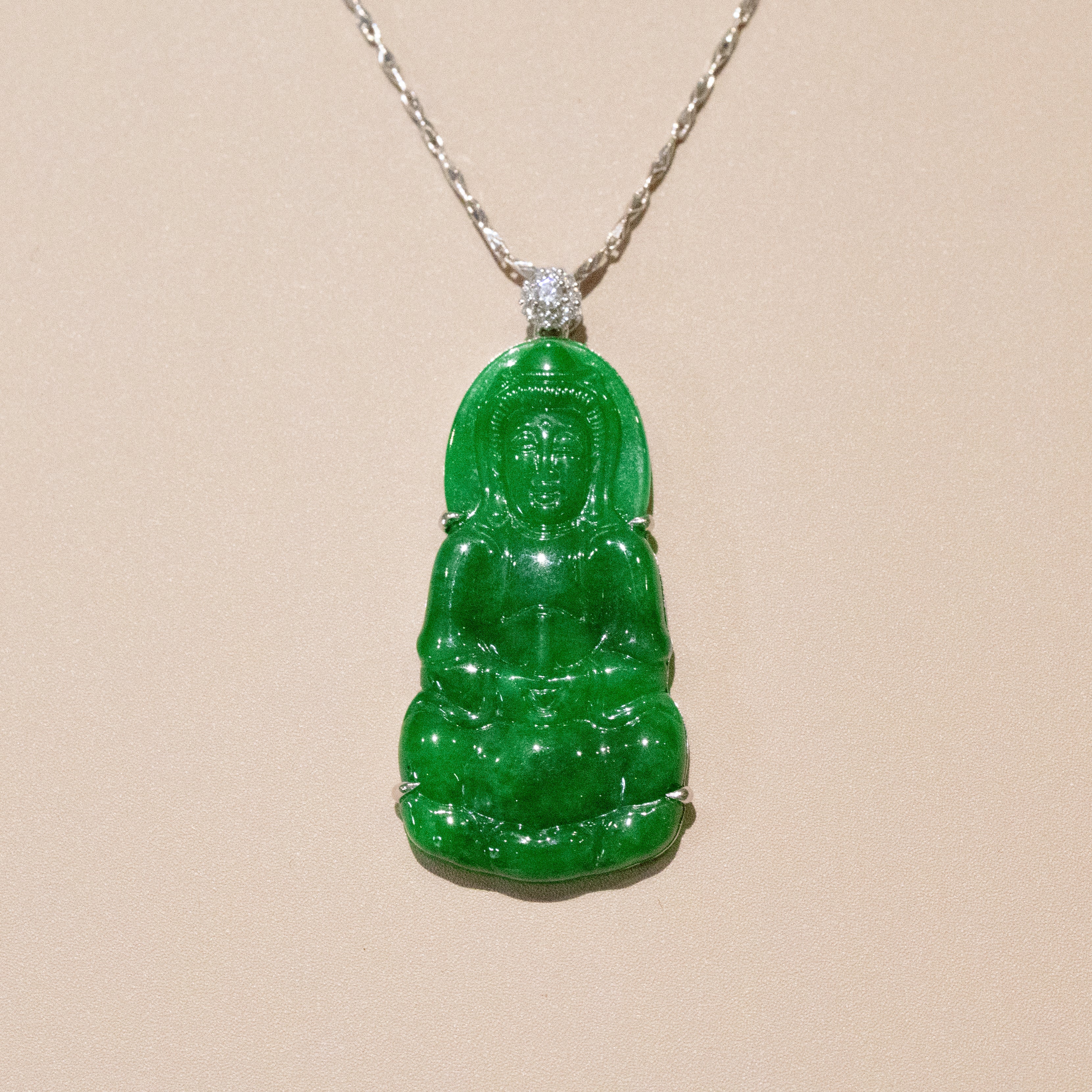 Gransky Handmade GuanYin Imperial Green Jade Pendant 18k White Gold and Diamonds