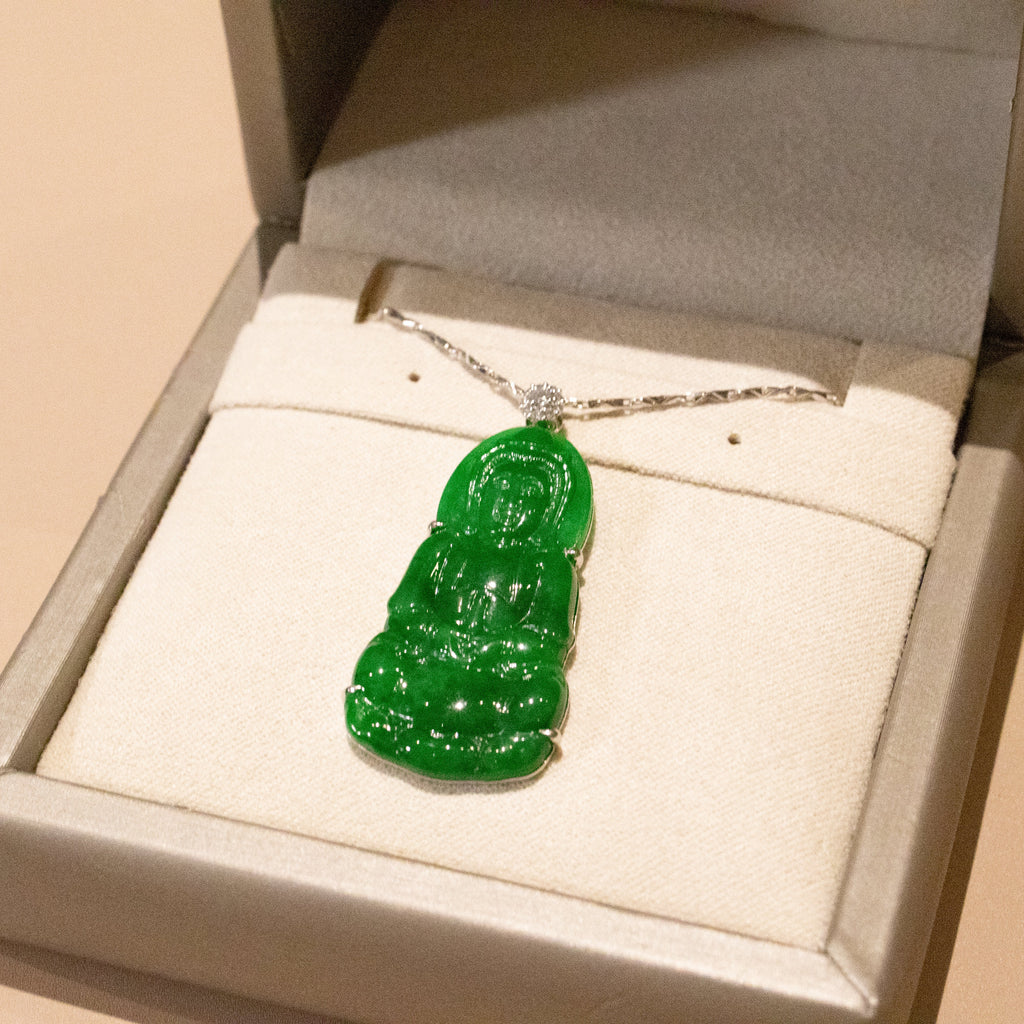 Gransky Handmade GuanYin Imperial Green Jade Pendant 18k White Gold and Diamonds
