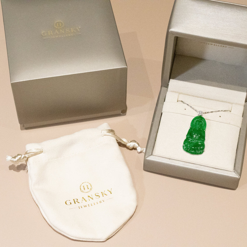 Gransky Handmade GuanYin Imperial Green Jade Pendant 18k White Gold and Diamonds