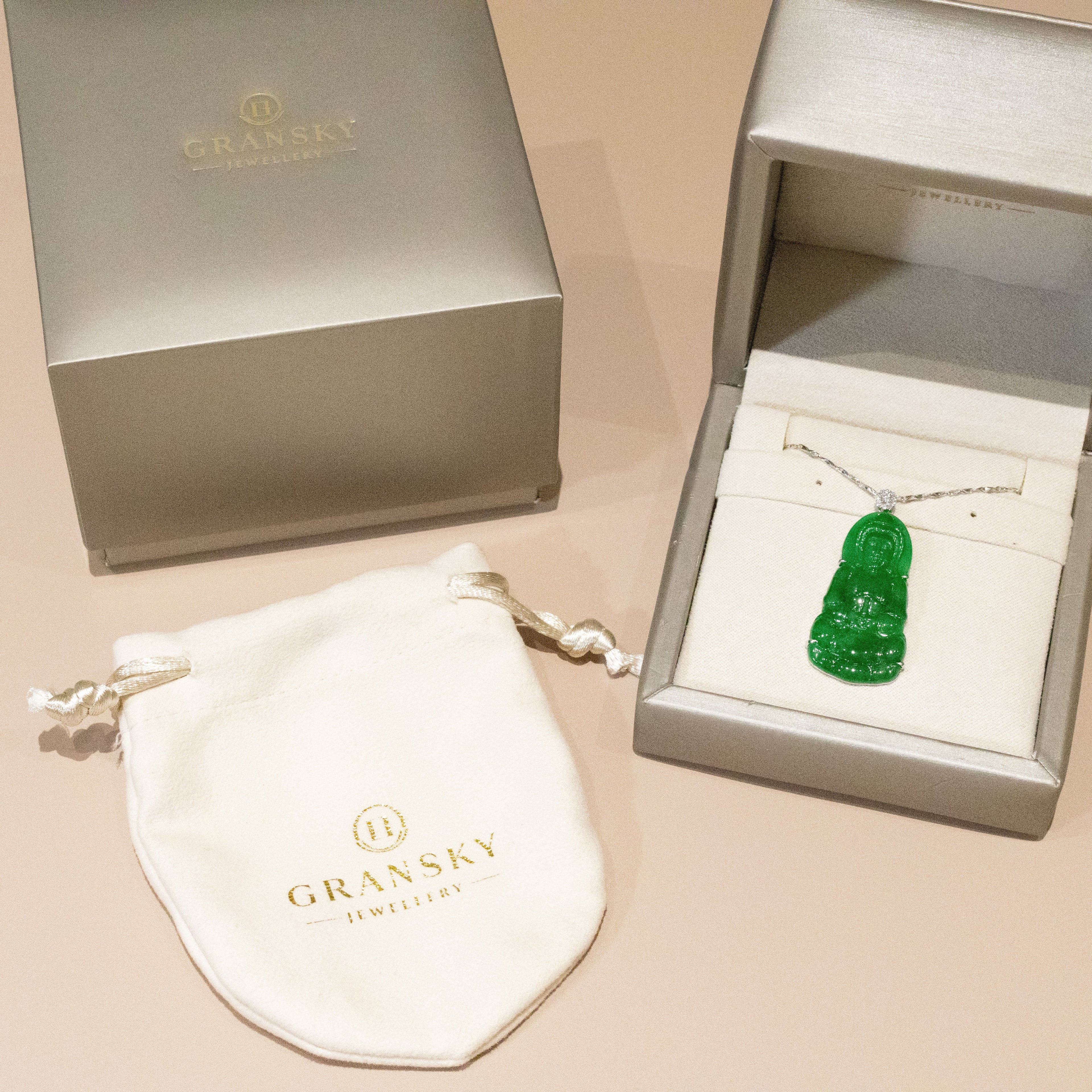 Gransky Handmade GuanYin Imperial Green Jade Pendant 18k White Gold and Diamonds