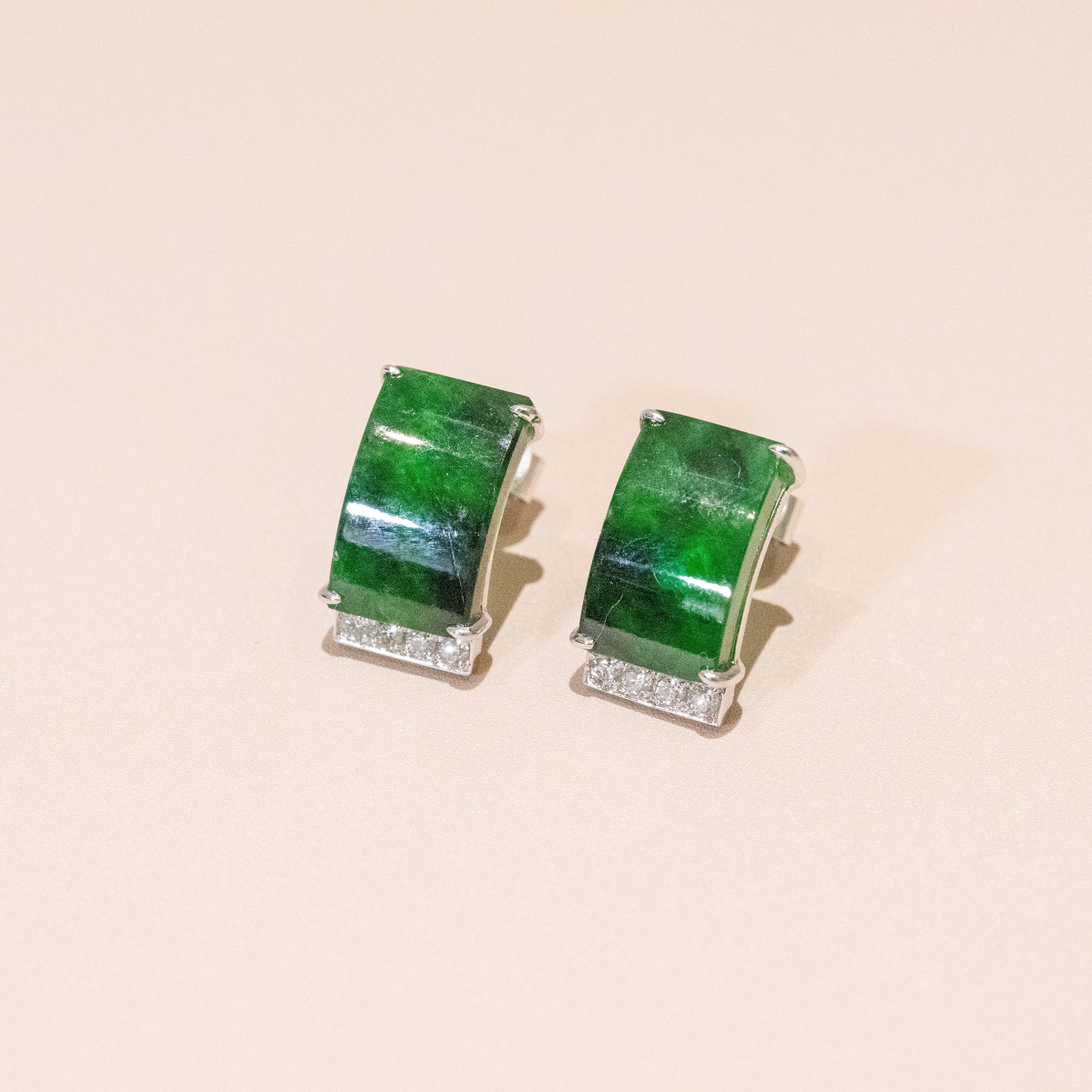 Gransky Rectangular Jade and Diamond Earrings in 18K White Gold