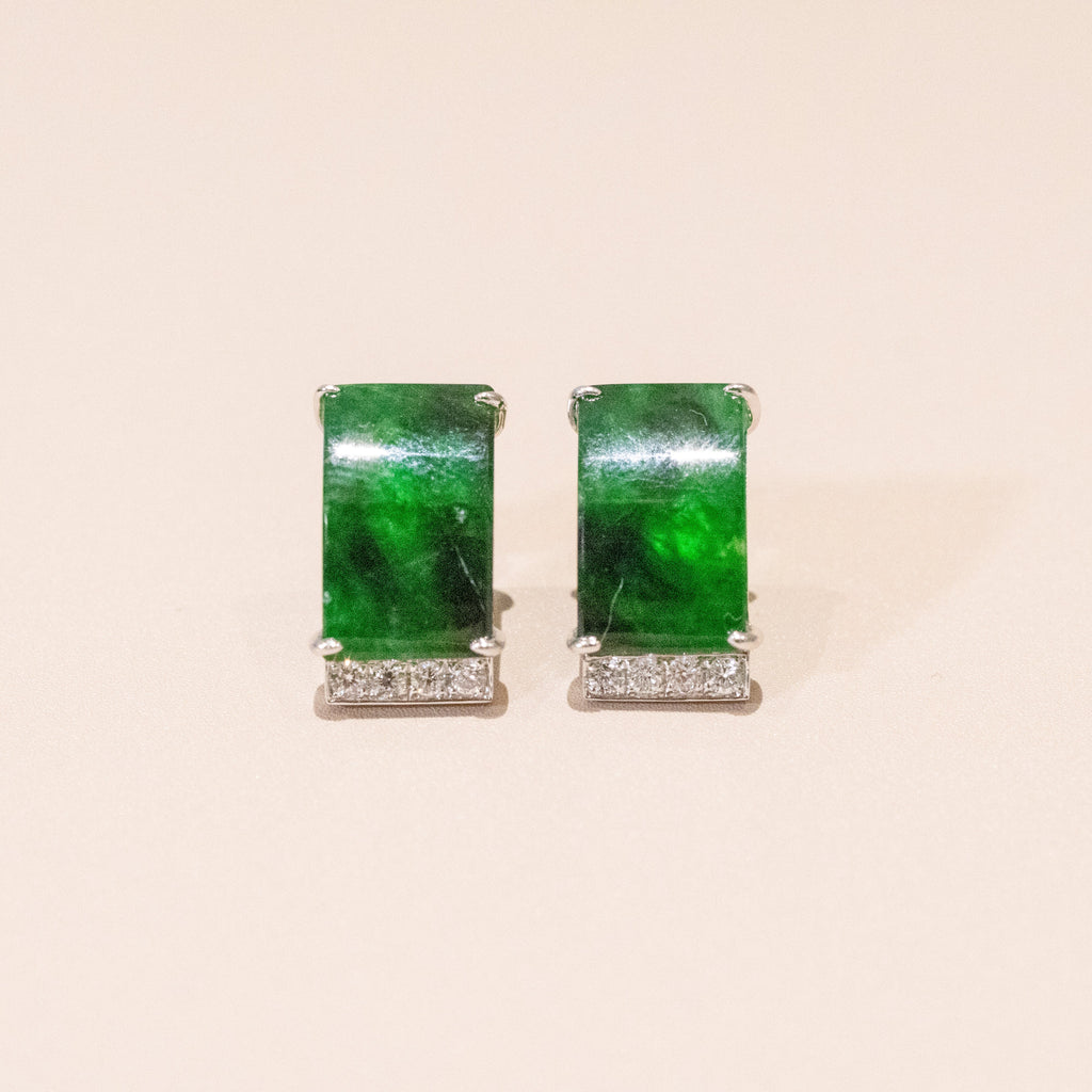 Gransky Rectangular Jade and Diamond Earrings in 18K White Gold