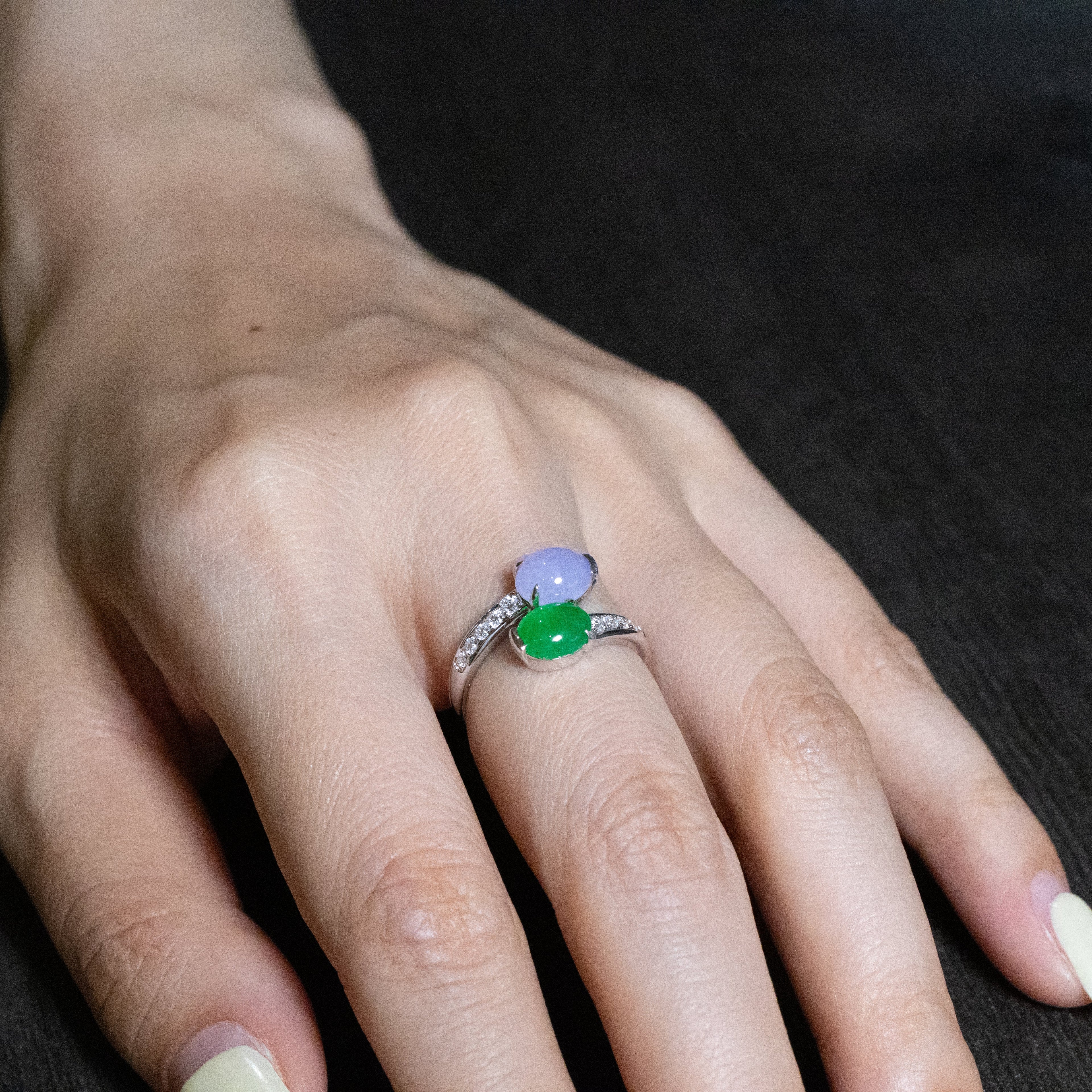 Rare Burmese Jade Cabochon Crossover Ring – Apple Green & Vivid Purple Jadeite, Diamond Accents, 18K White Gold
