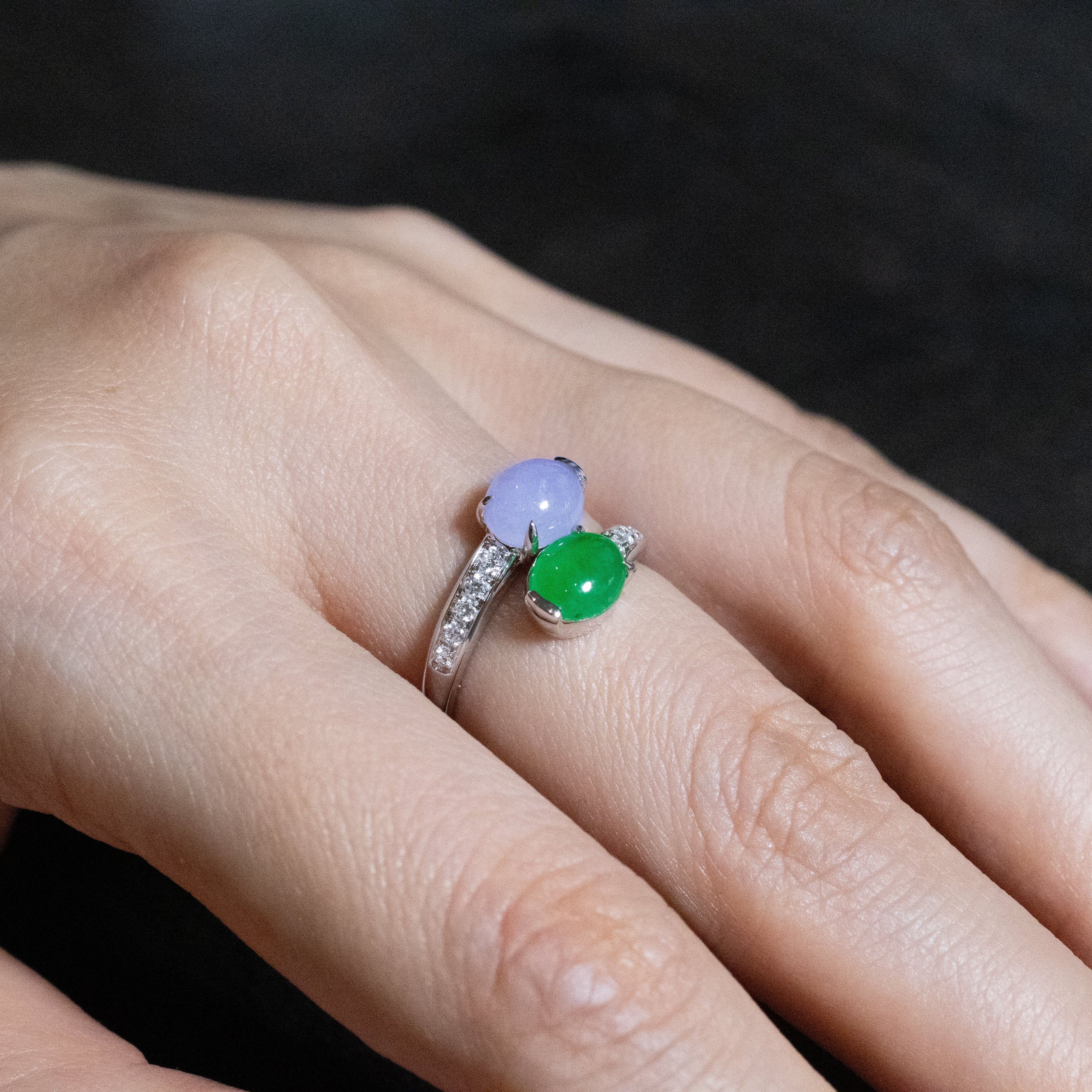 Rare Burmese Jade Cabochon Crossover Ring – Apple Green & Vivid Purple Jadeite, Diamond Accents, 18K White Gold