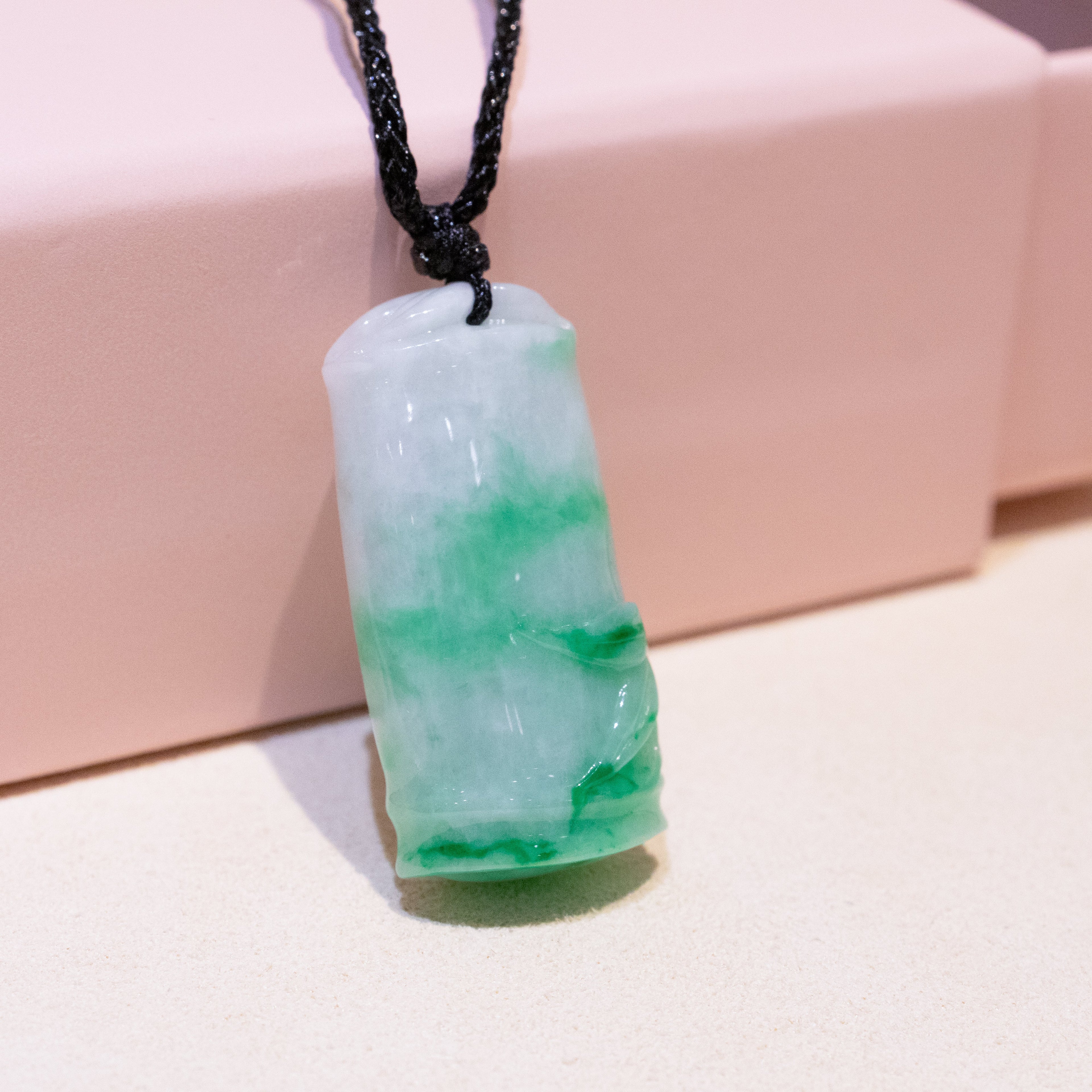 Natural Green Burmese Jadeite Bamboo Pendant