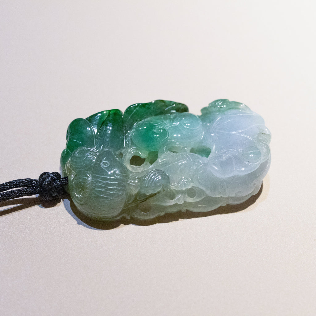 Multi-Color Green & Brown Jade Ruyi & Lotus & Fish Pendant - Natural Real Jade