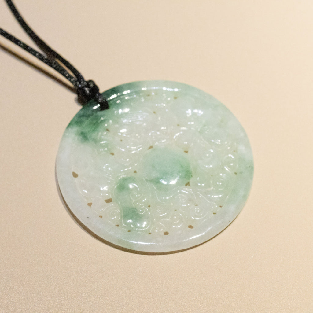 Genuine Green Jade Carved Dragon Round Pendant Necklace