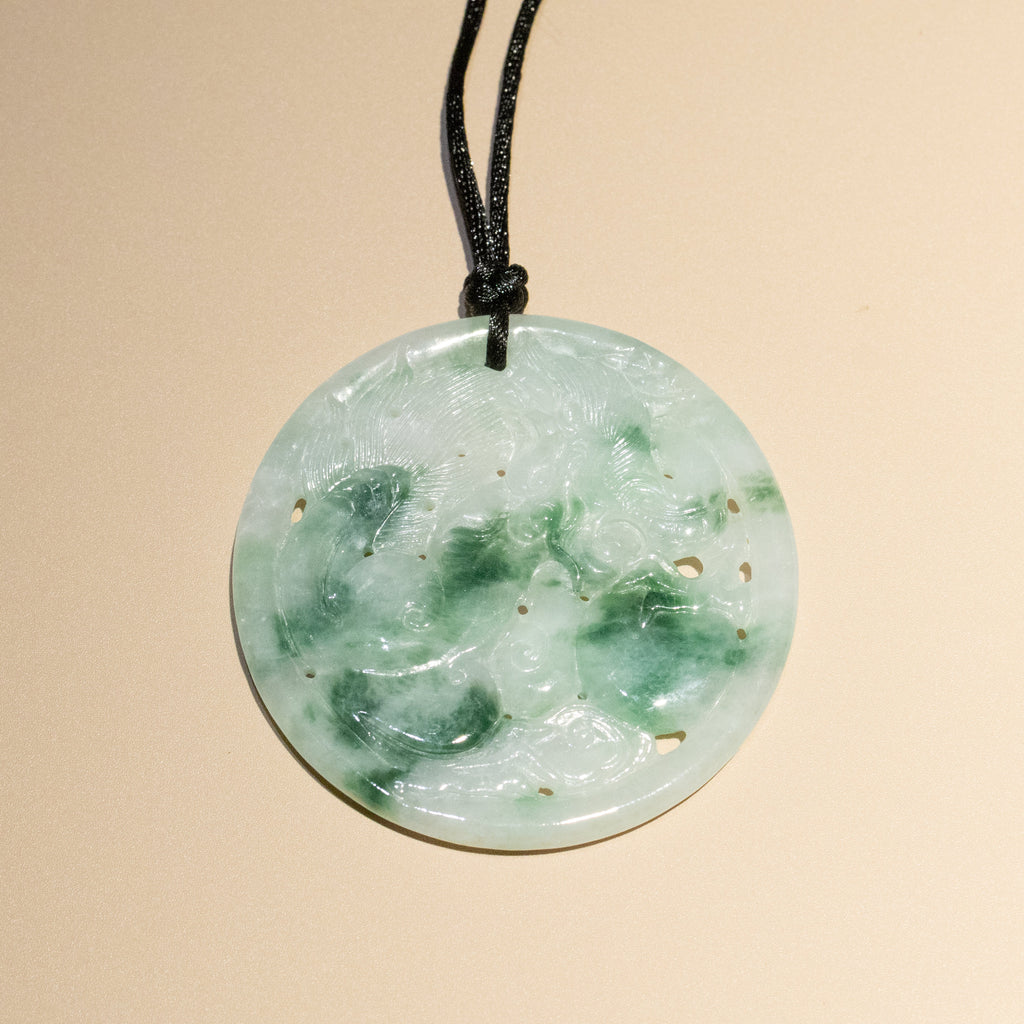 Genuine Green Jade Carved Dragon Round Pendant Necklace