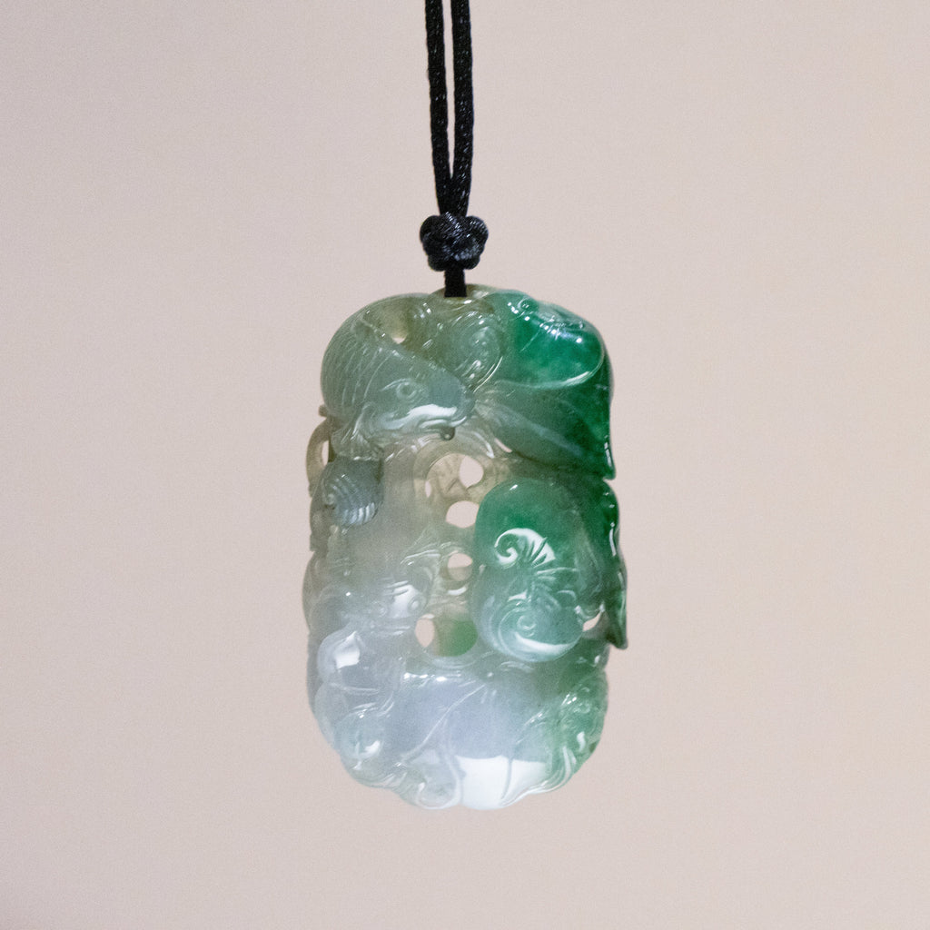 Multi-Color Green & Brown Jade Ruyi & Lotus & Fish Pendant - Natural Real Jade
