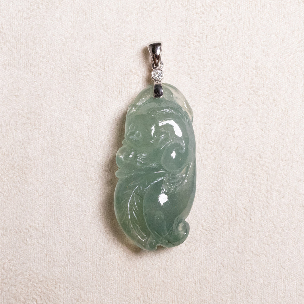 Exquisite Green Jade Lucky Rat and Ruyi Pendant with 18k White Gold Bail