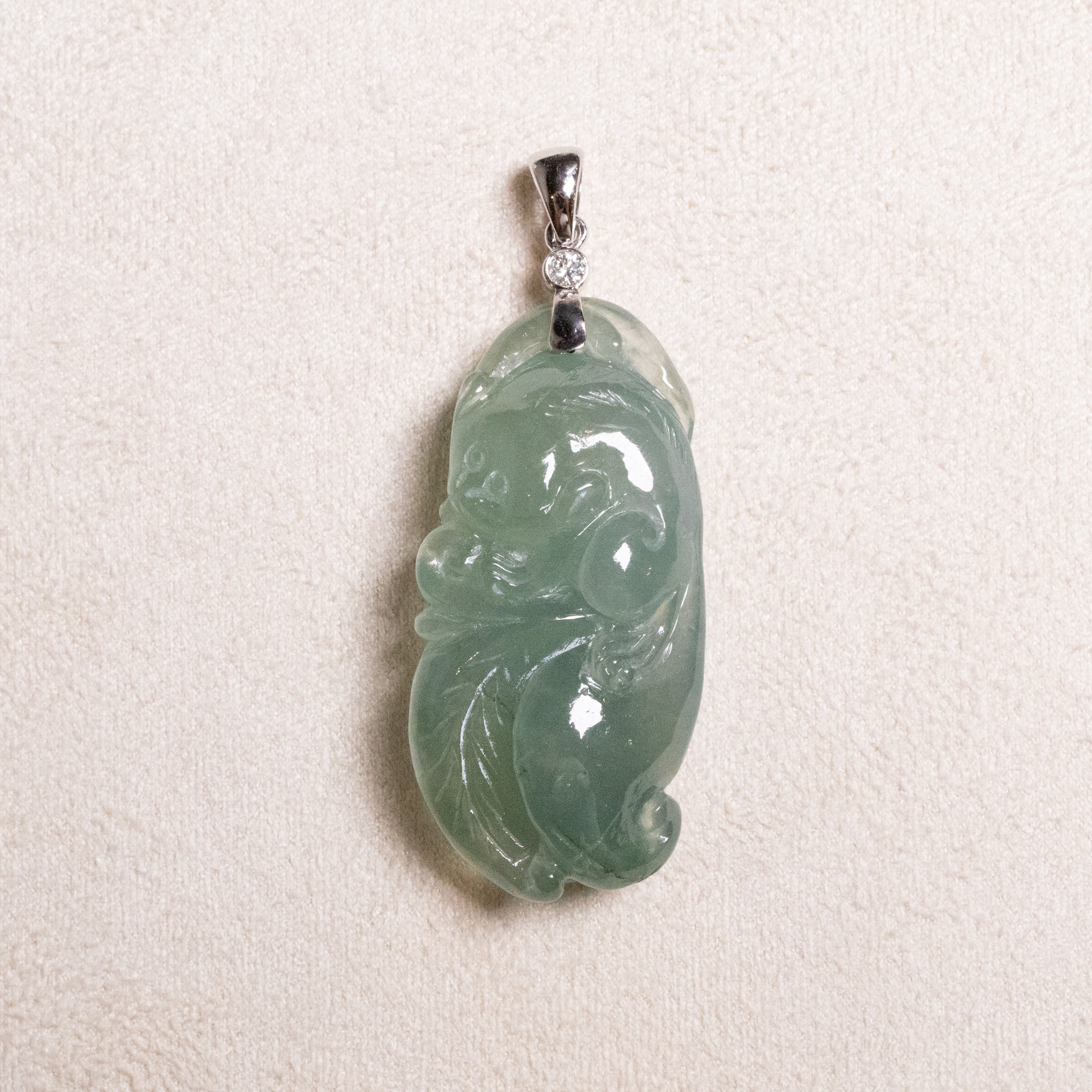Exquisite Green Jade Lucky Rat and Ruyi Pendant with 18k White Gold Bail
