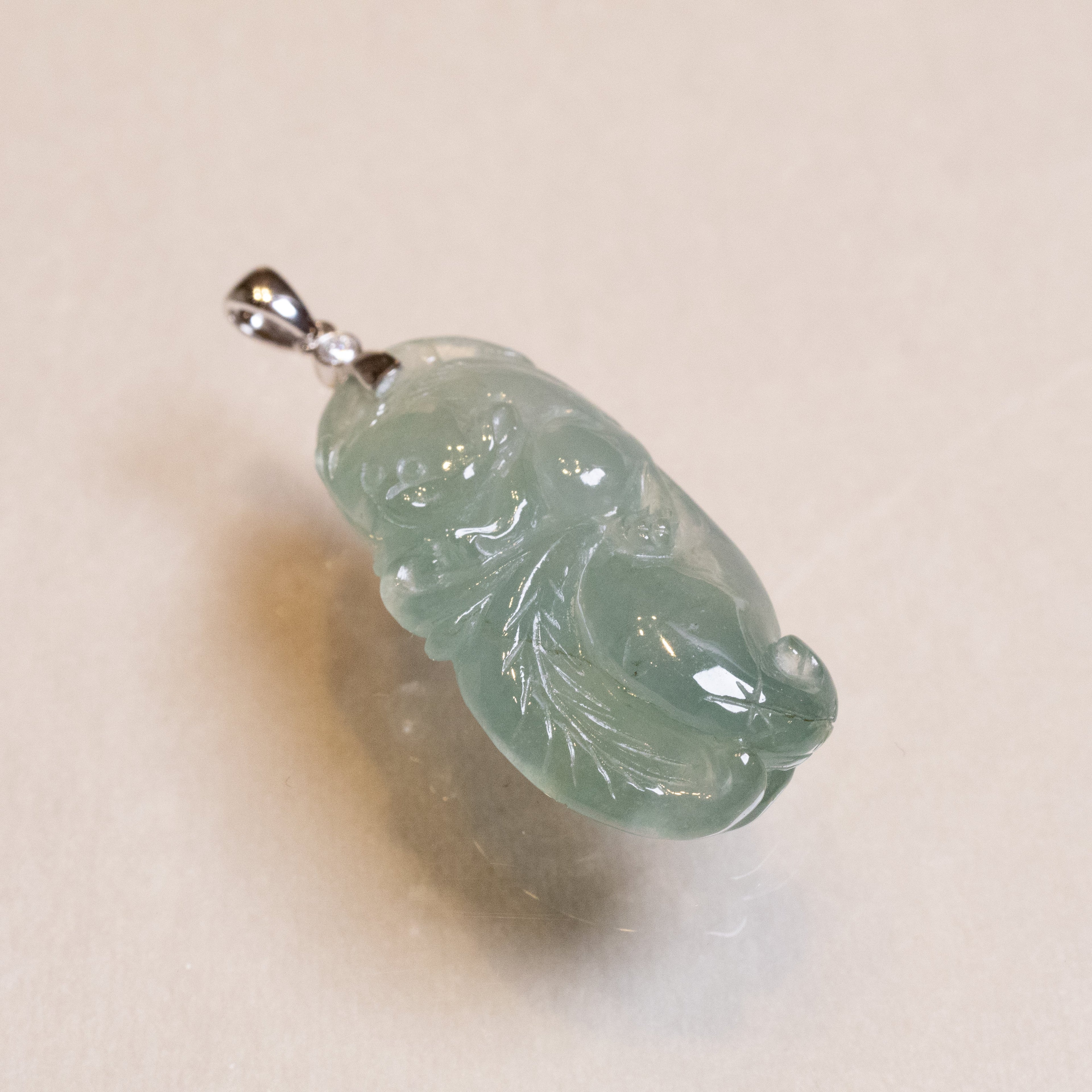 Exquisite Green Jade Lucky Rat and Ruyi Pendant with 18k White Gold Bail