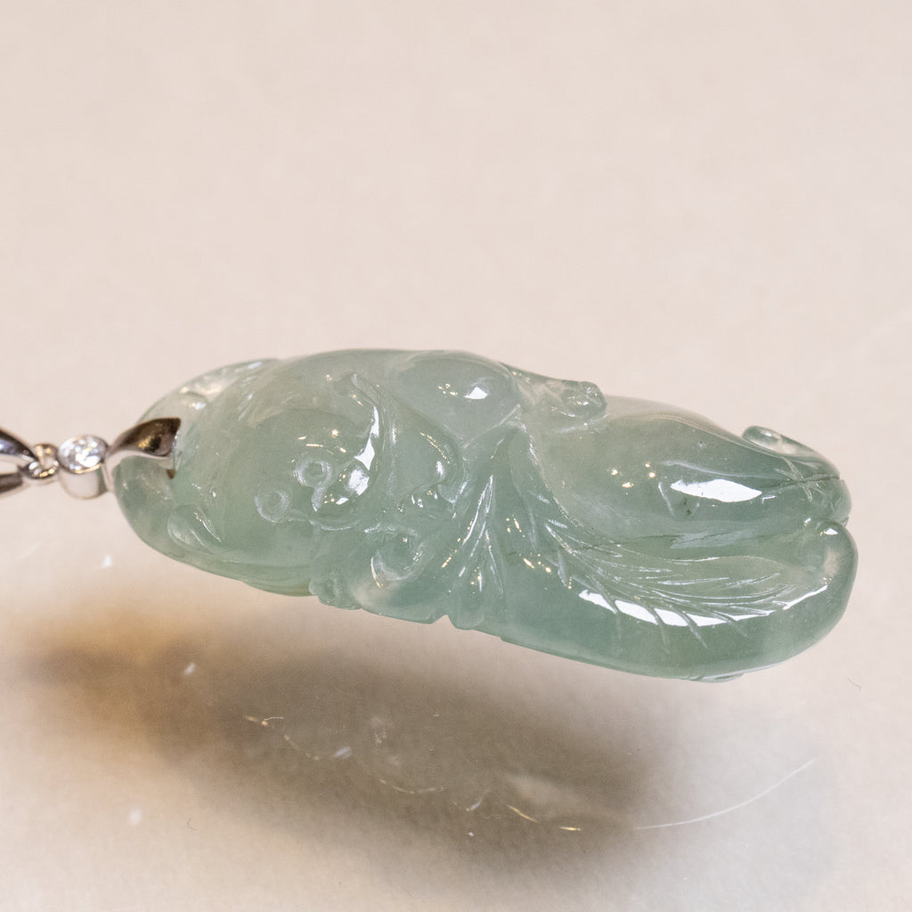 Exquisite Green Jade Lucky Rat and Ruyi Pendant with 18k White Gold Bail