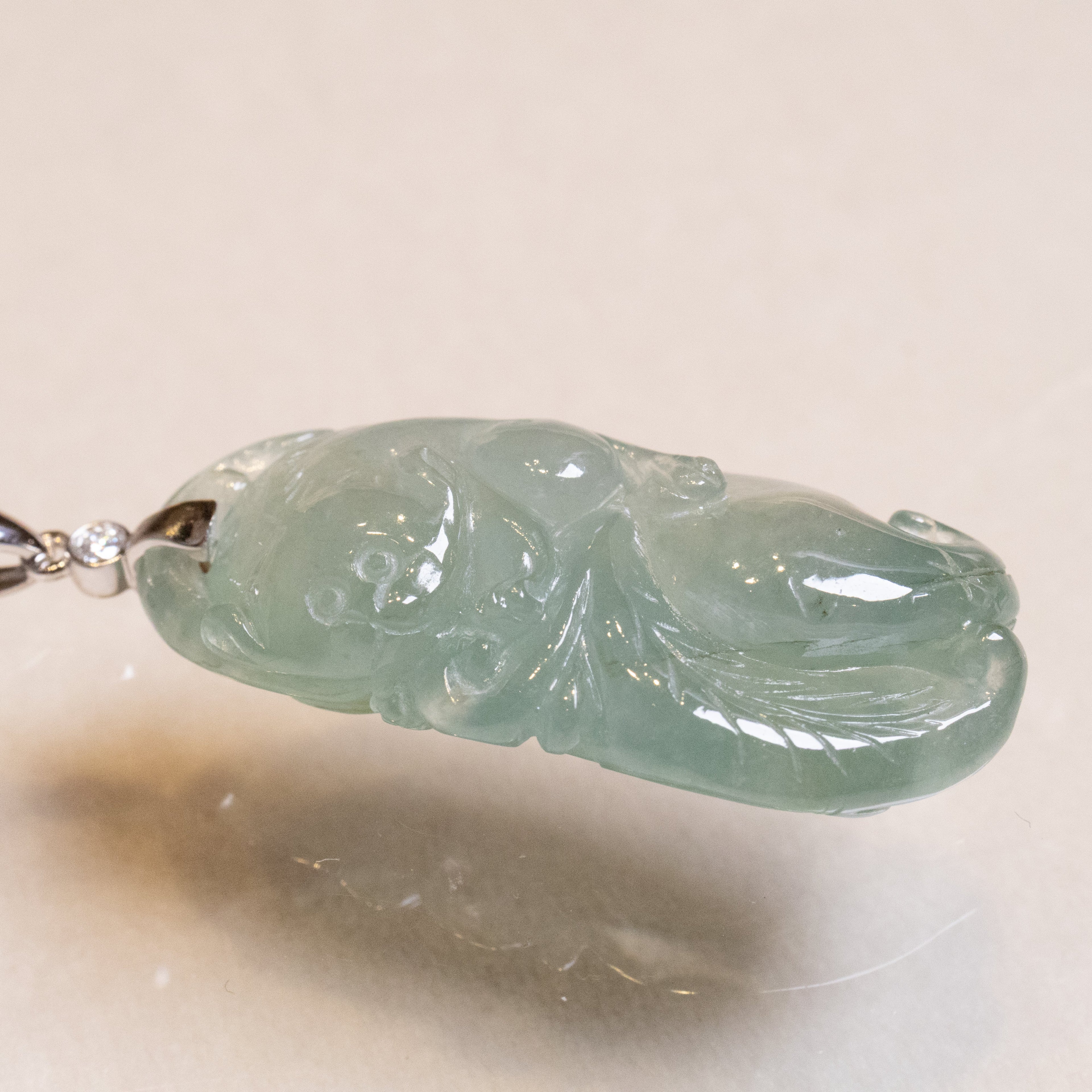 Exquisite Green Jade Lucky Rat and Ruyi Pendant with 18k White Gold Bail