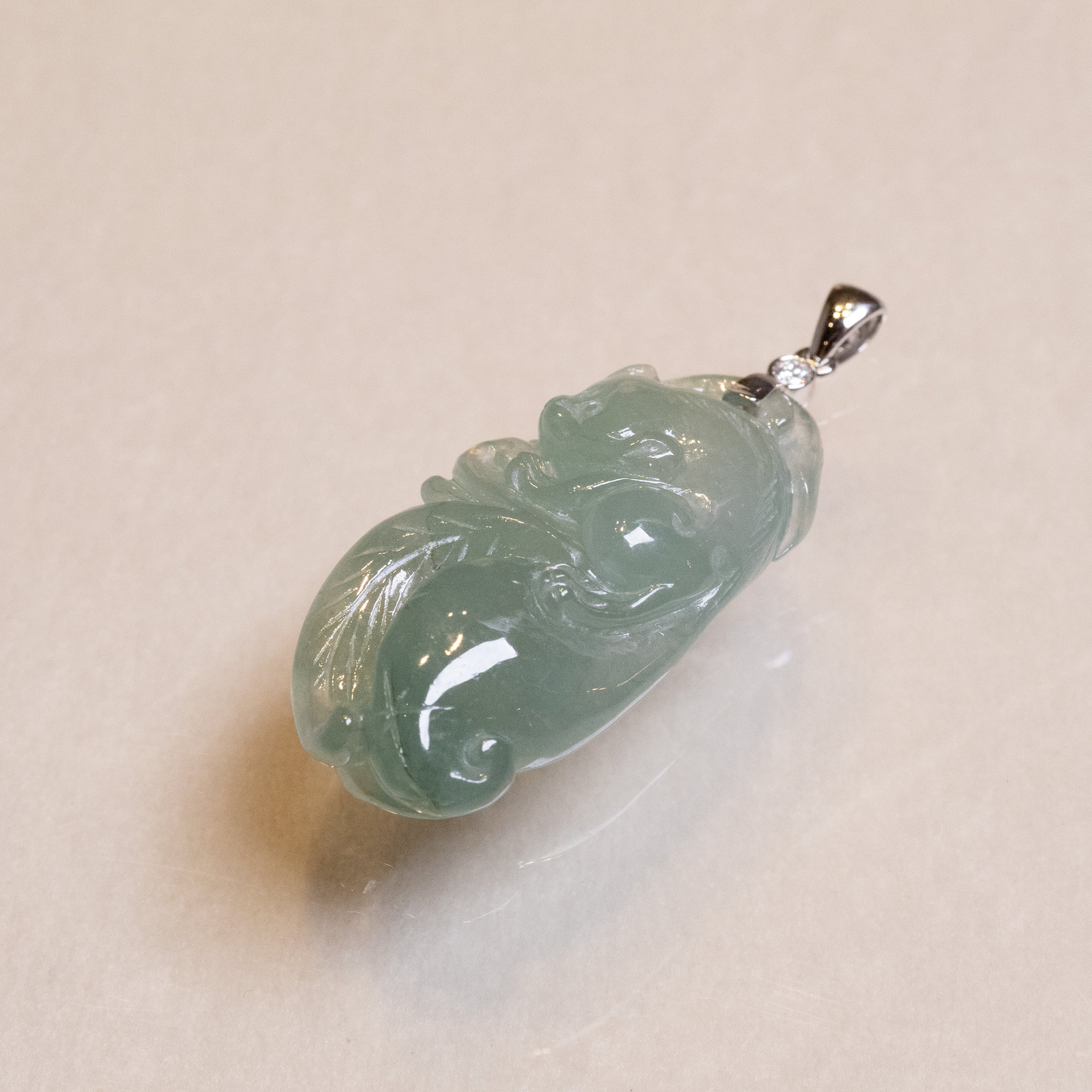 Exquisite Green Jade Lucky Rat and Ruyi Pendant with 18k White Gold Bail