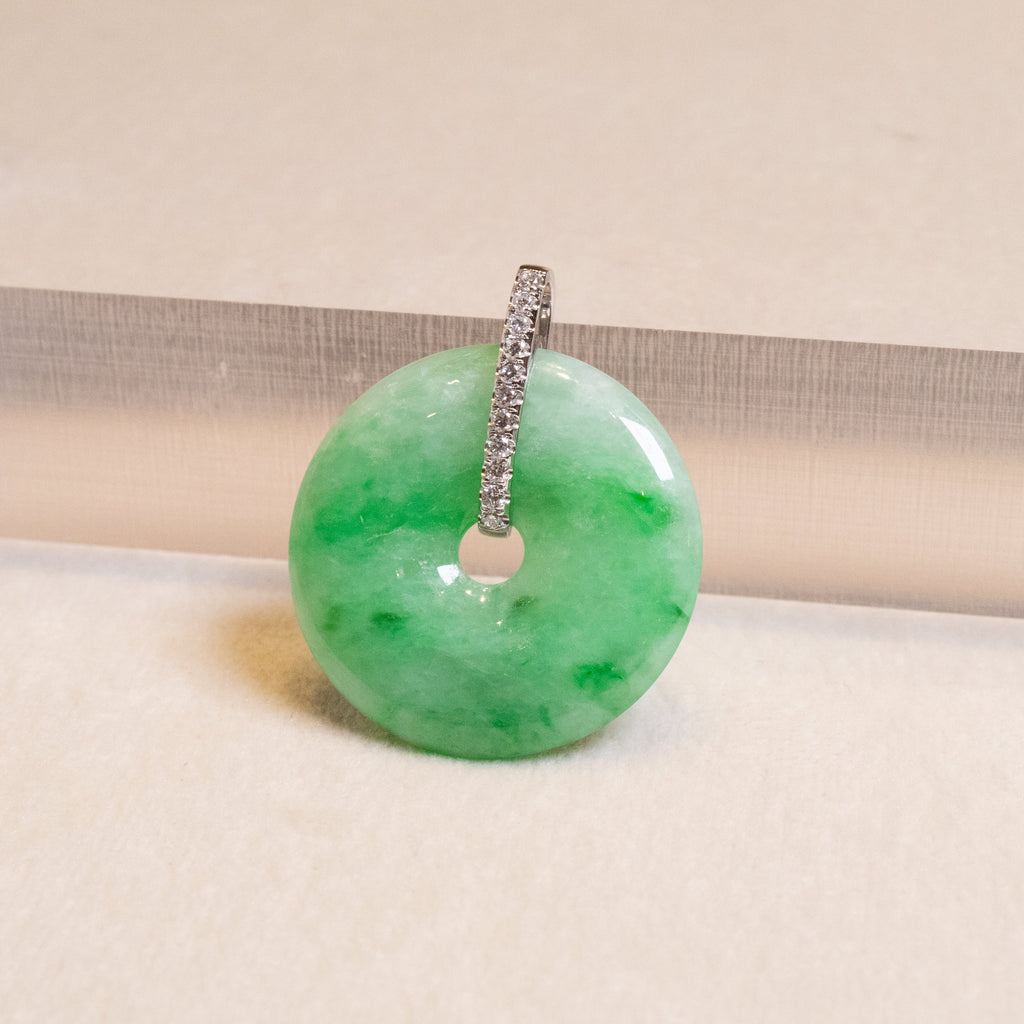 Imperial Green Jade Donut Pendant Necklace in 18K White Gold with Diamonds