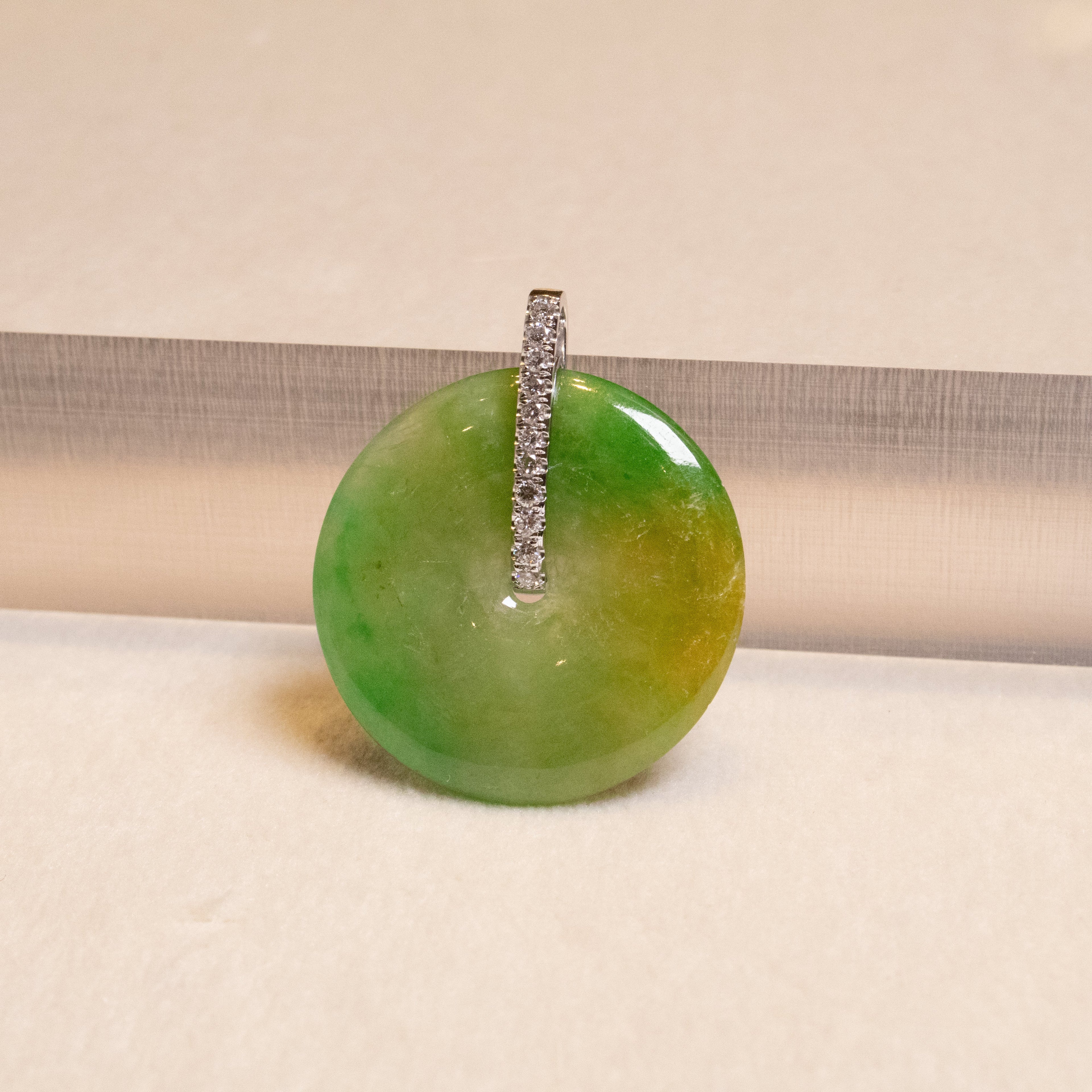 Green & Brown Jade Donut Pendant Necklace in 18K White Gold with Diamonds