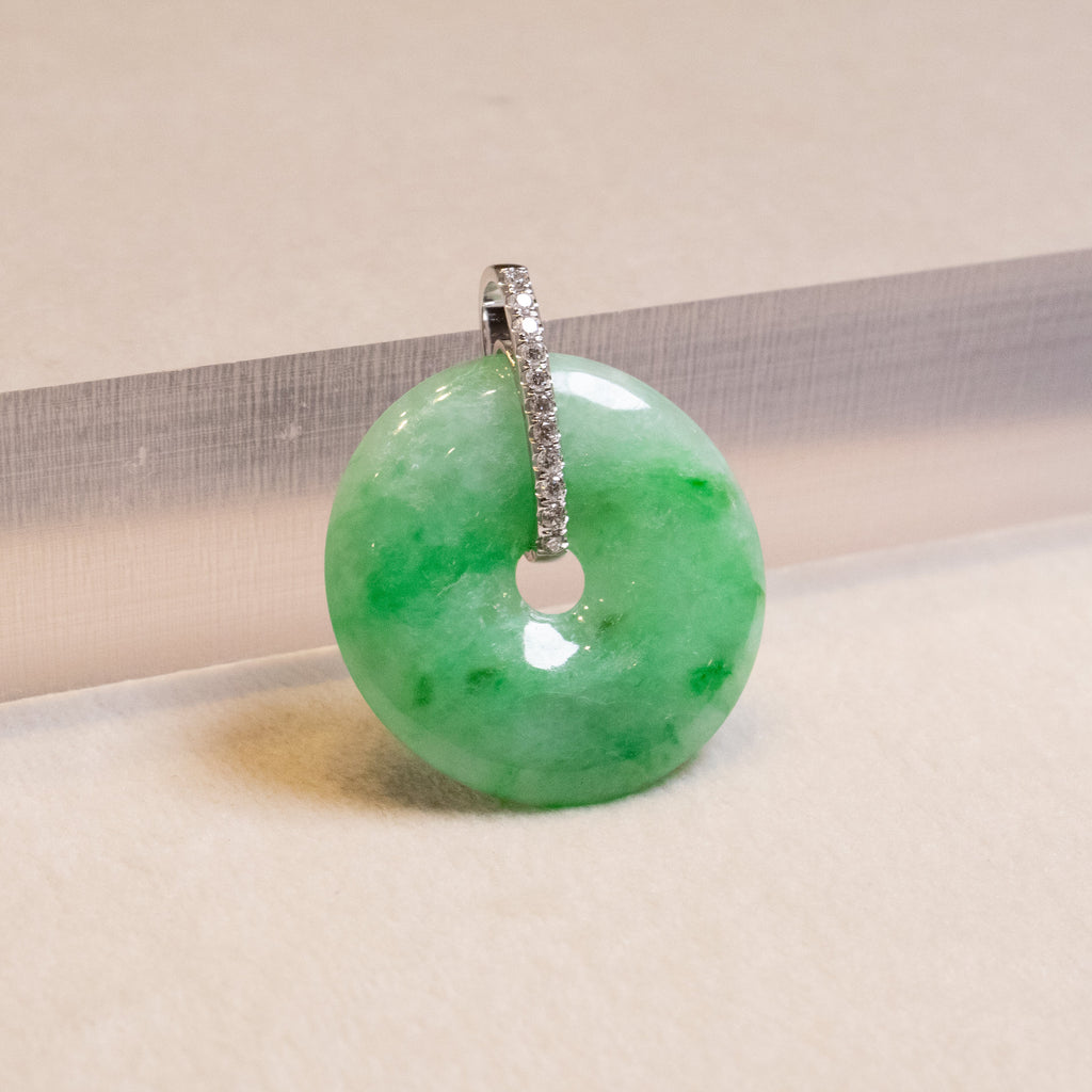 Imperial Green Jade Donut Pendant Necklace in 18K White Gold with Diamonds