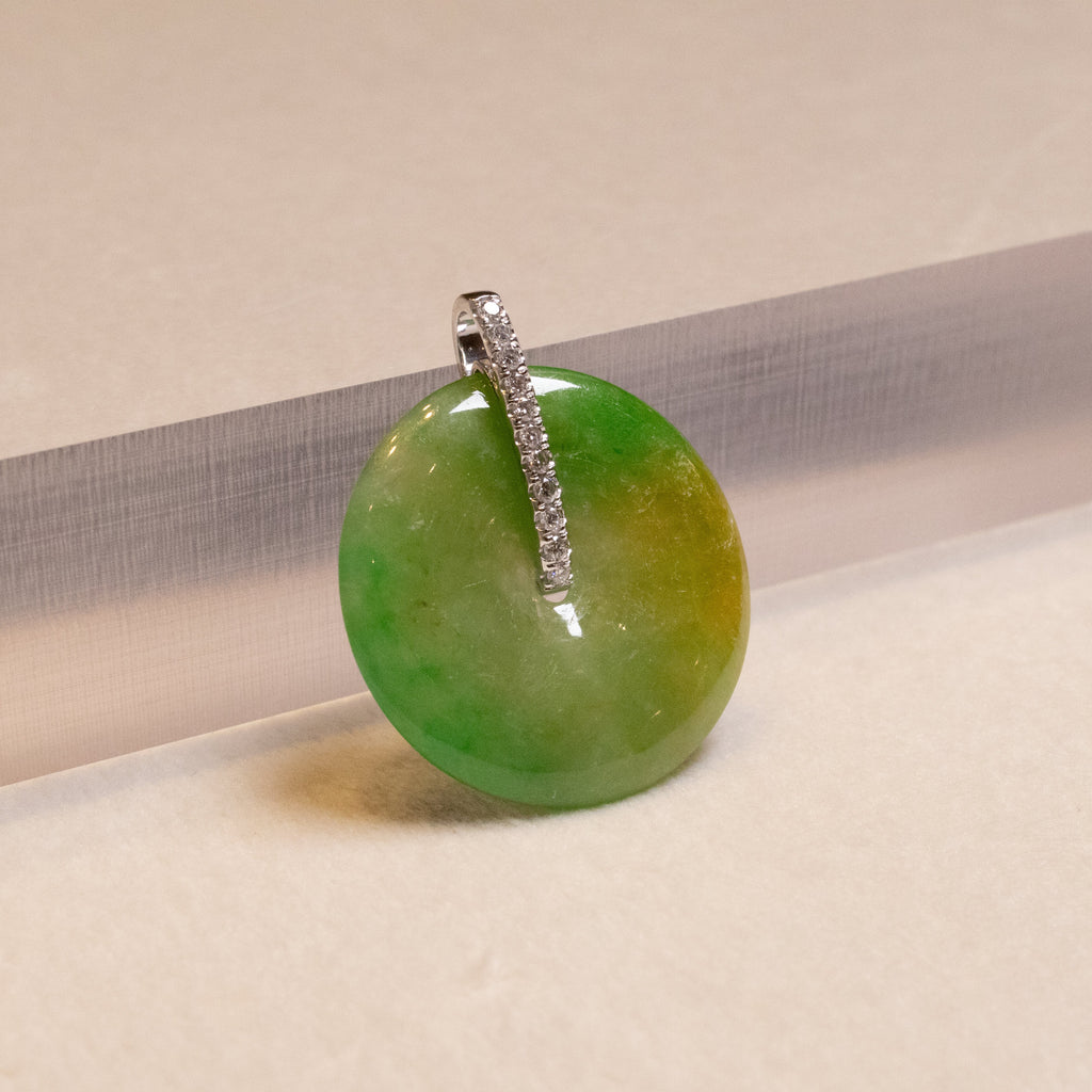 Green & Brown Jade Donut Pendant Necklace in 18K White Gold with Diamonds