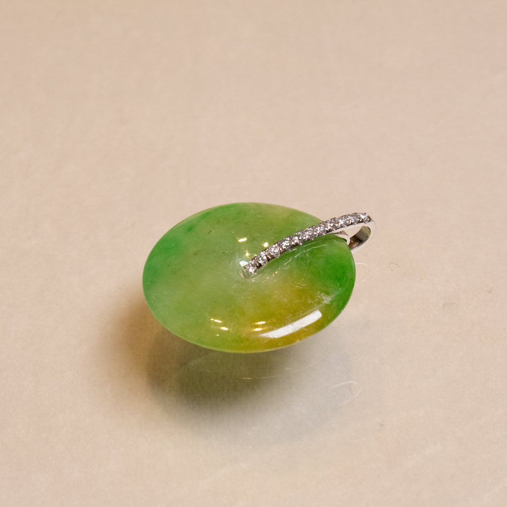 Green & Brown Jade Donut Pendant Necklace in 18K White Gold with Diamonds