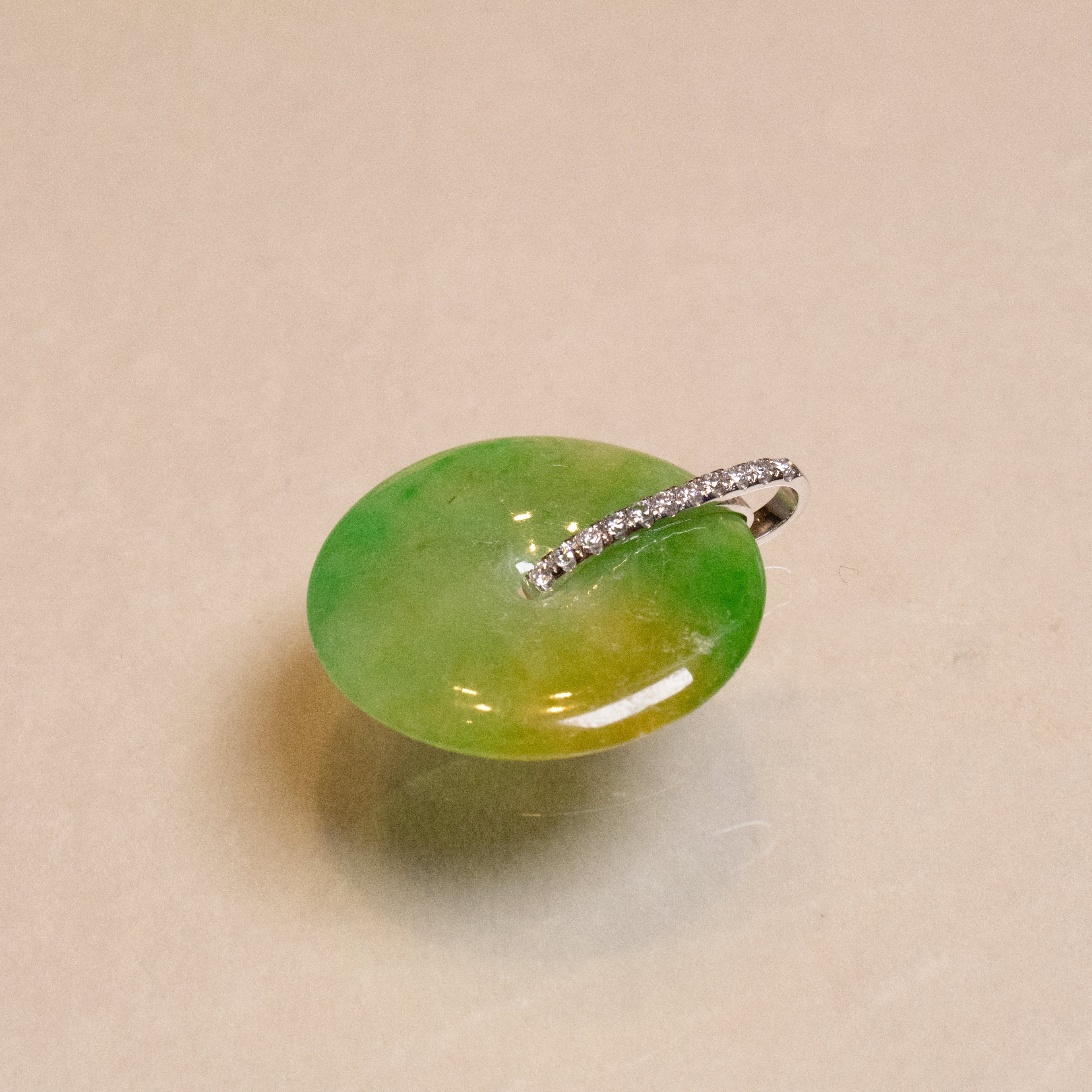 Green & Brown Jade Donut Pendant Necklace in 18K White Gold with Diamonds
