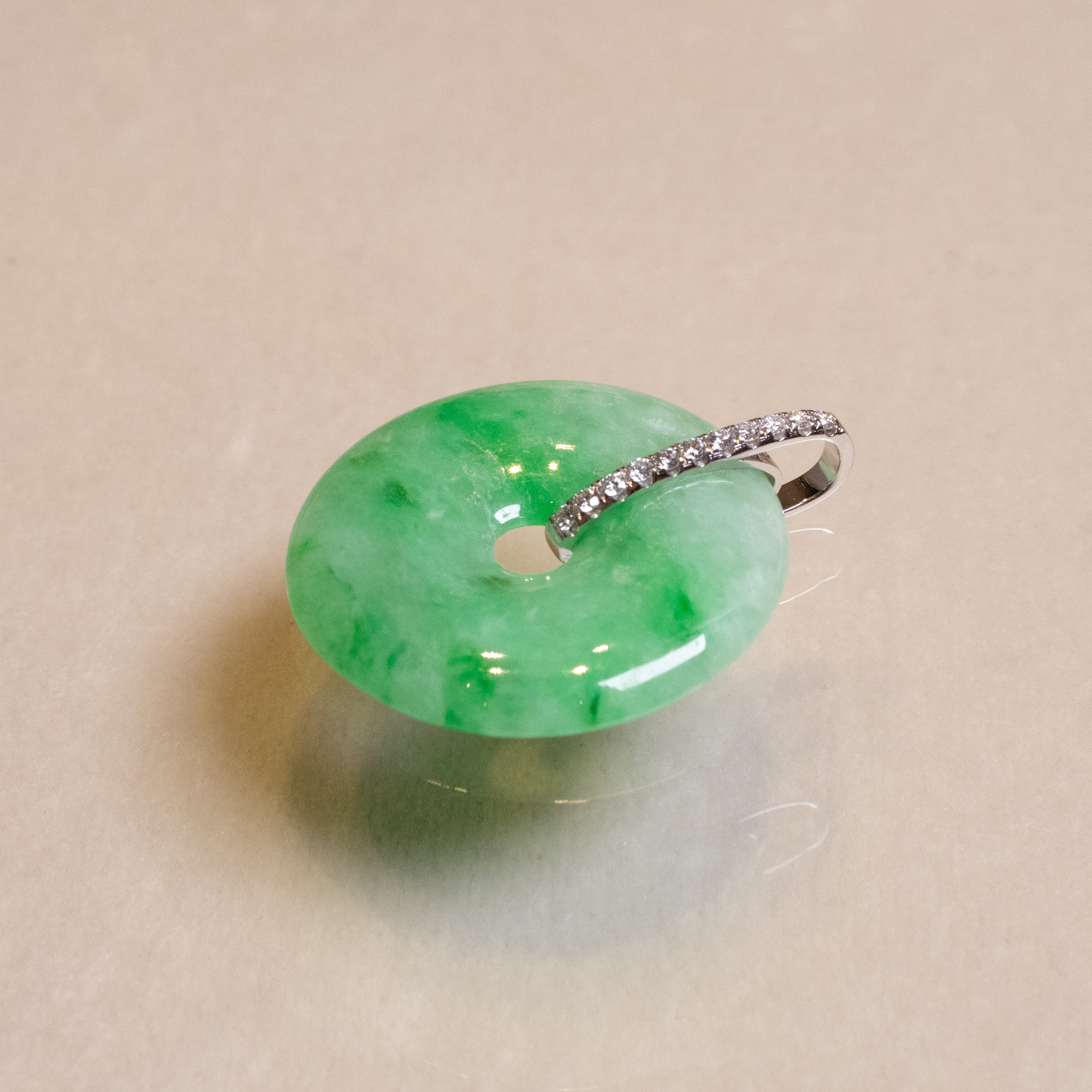 Imperial Green Jade Donut Pendant Necklace in 18K White Gold with Diamonds
