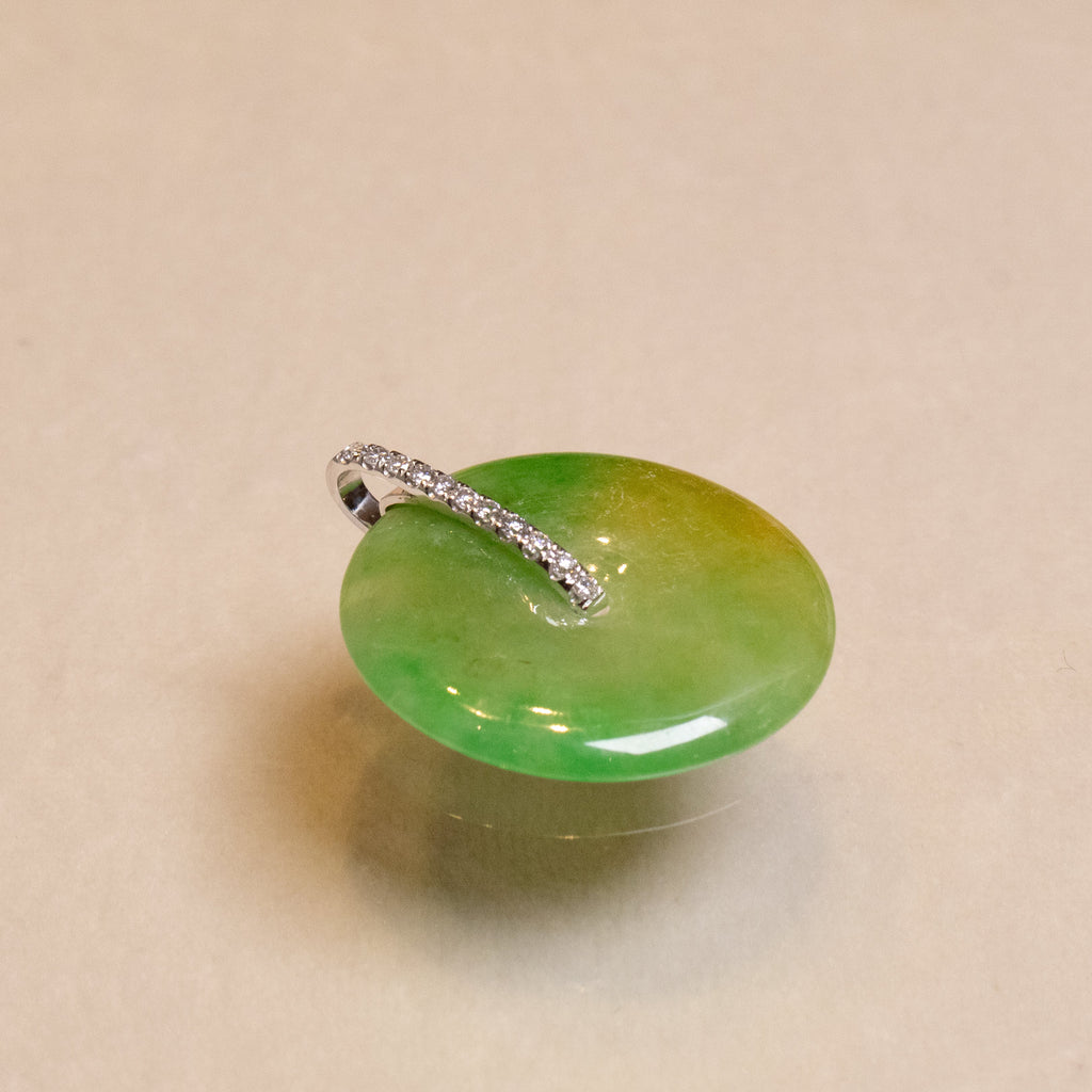 Green & Brown Jade Donut Pendant Necklace in 18K White Gold with Diamonds