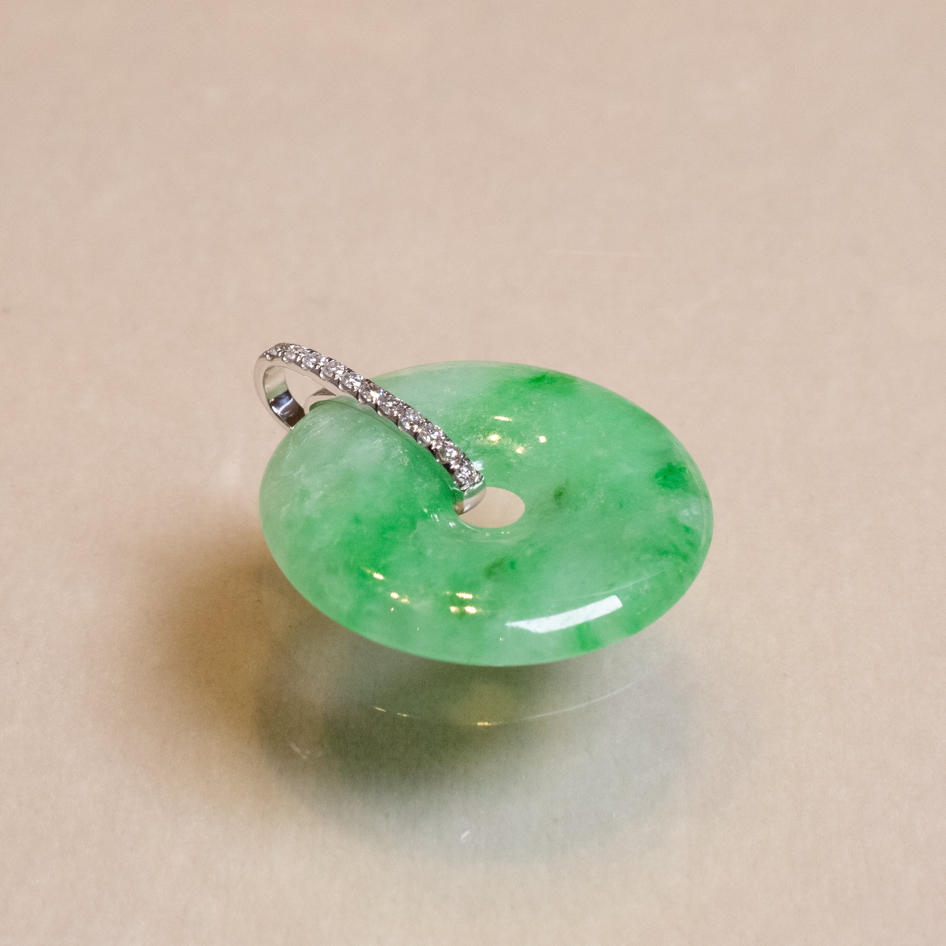 Imperial Green Jade Donut Pendant Necklace in 18K White Gold with Diamonds