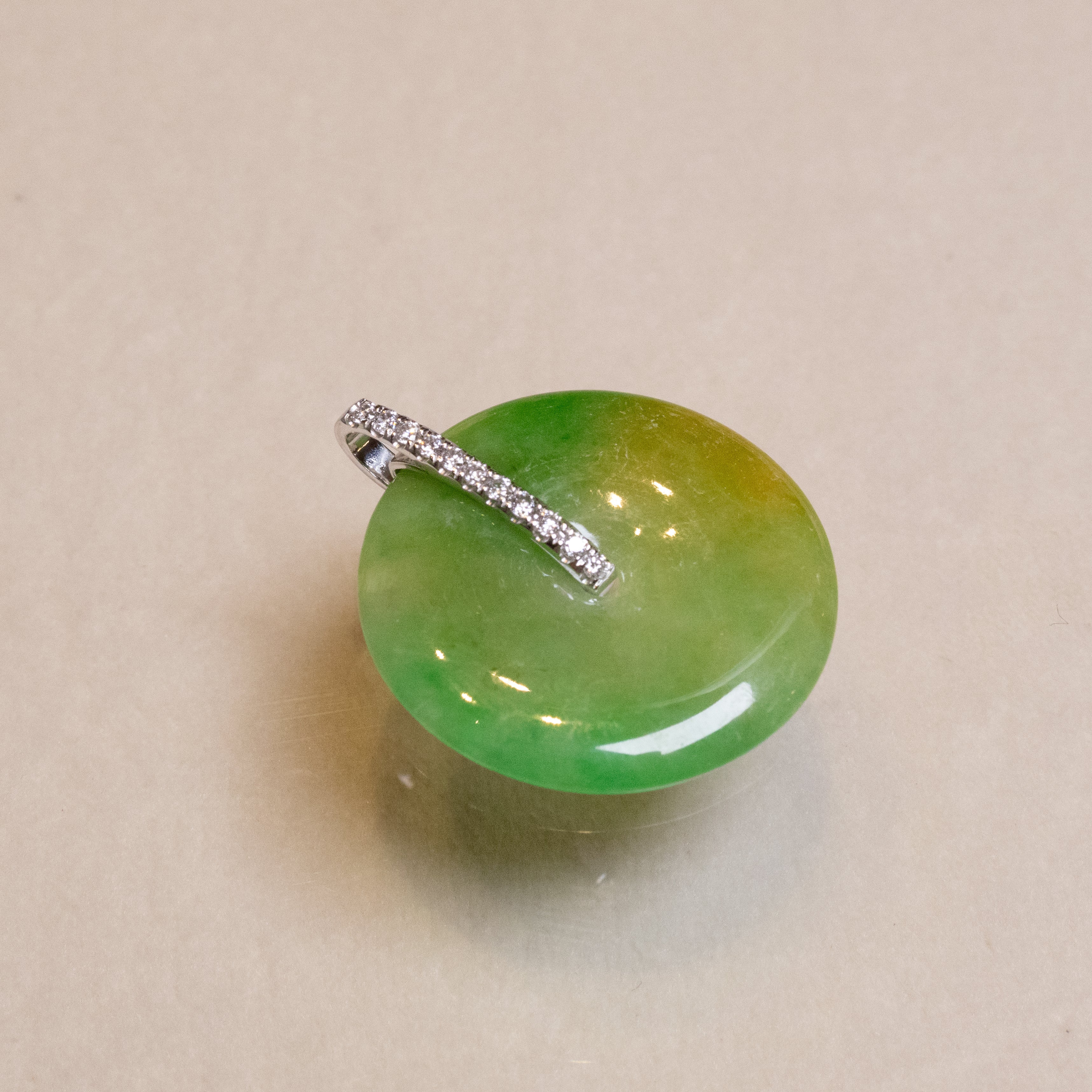 Green & Brown Jade Donut Pendant Necklace in 18K White Gold with Diamonds