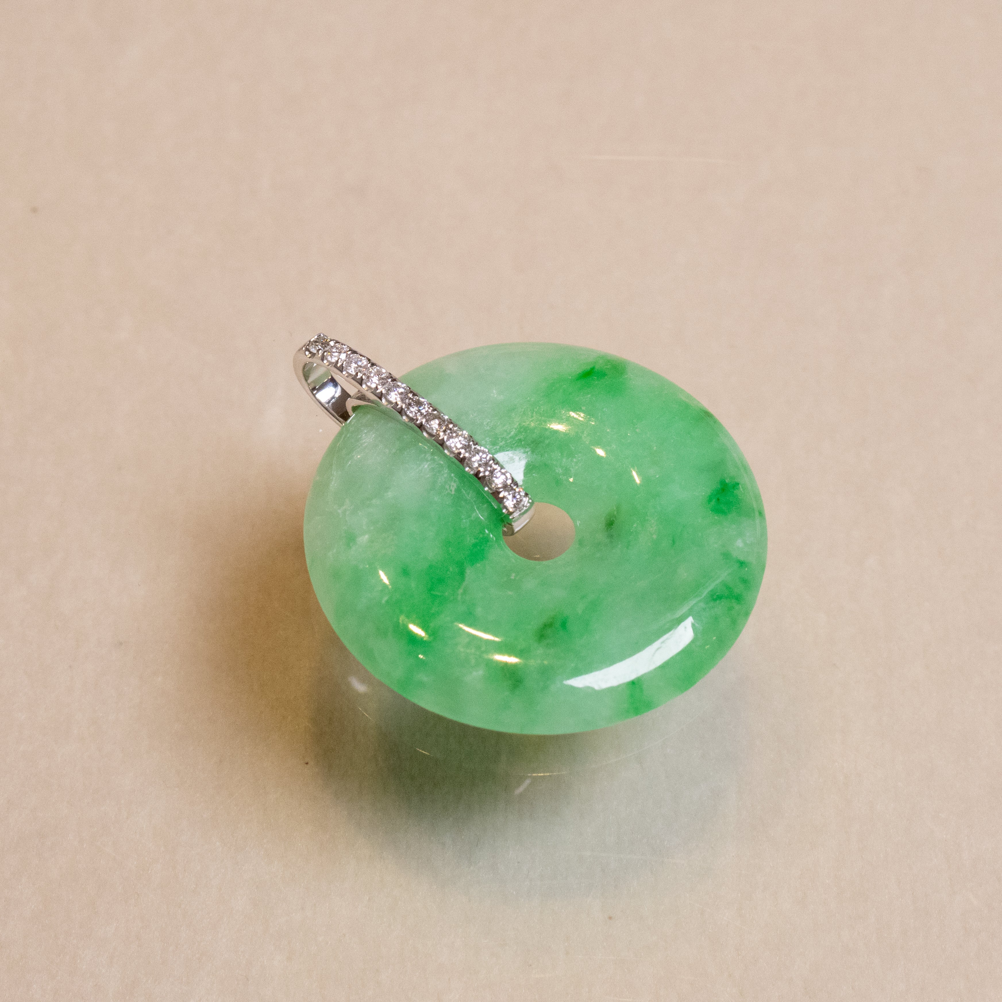 Imperial Green Jade Donut Pendant Necklace in 18K White Gold with Diamonds