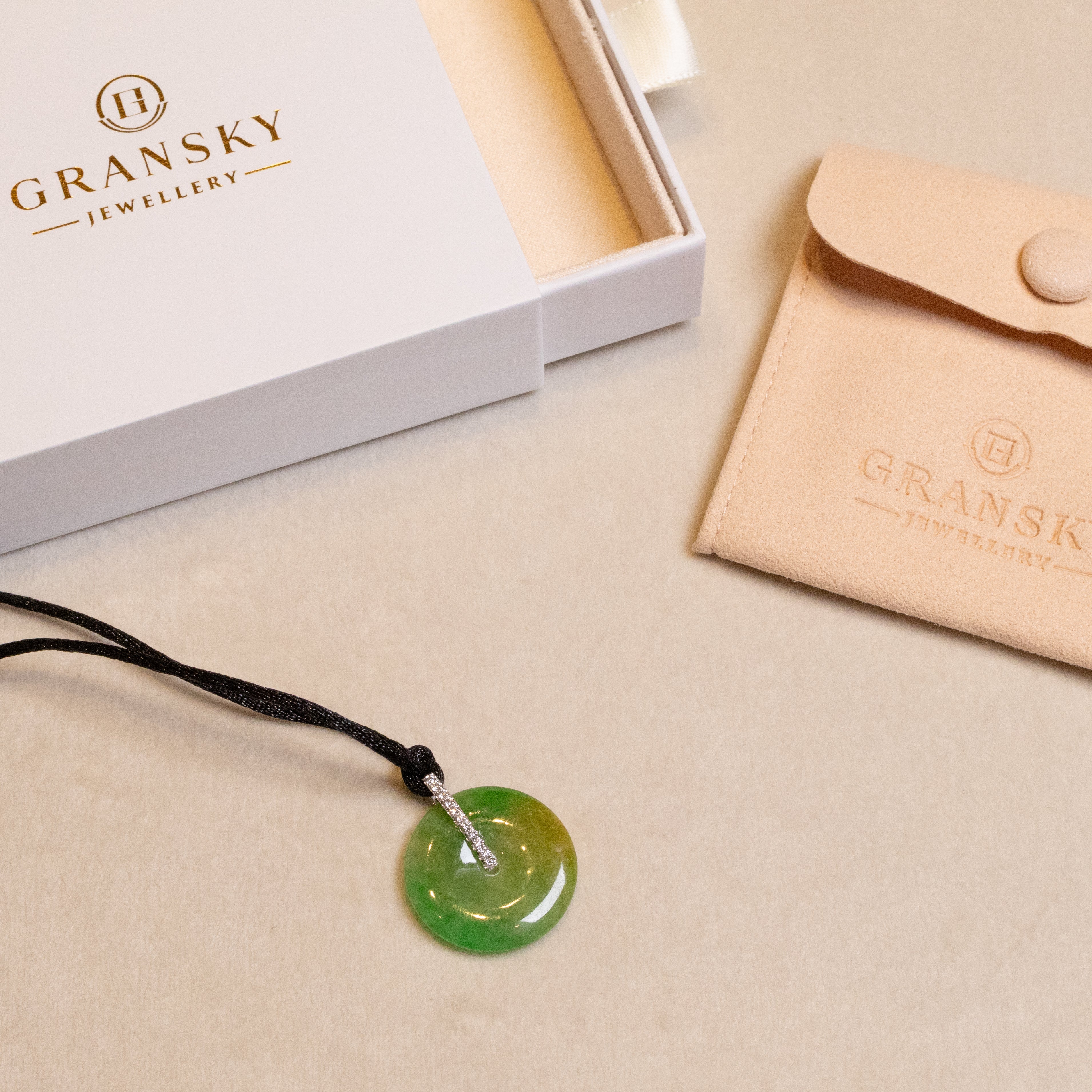 Green & Brown Jade Donut Pendant Necklace in 18K White Gold with Diamonds