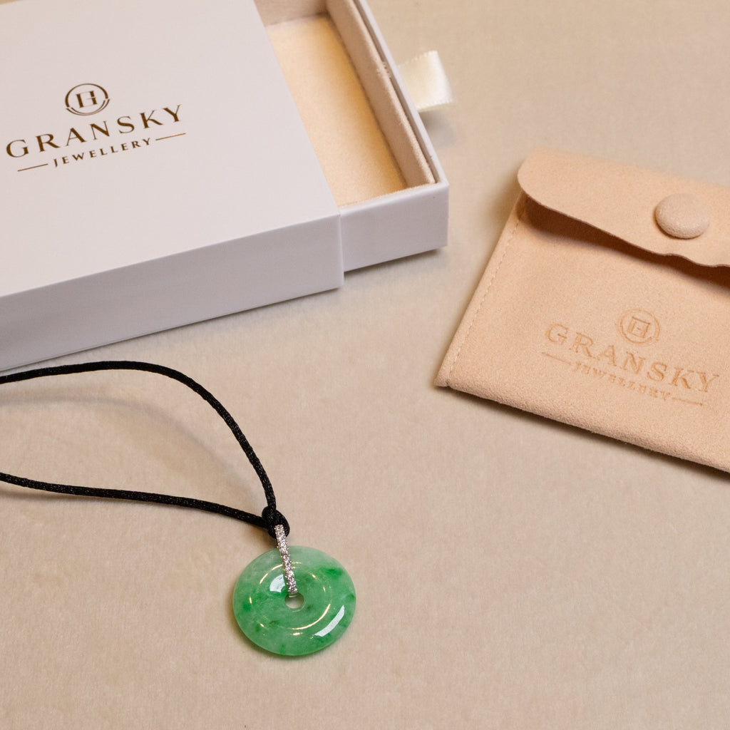 Imperial Green Jade Donut Pendant Necklace in 18K White Gold with Diamonds