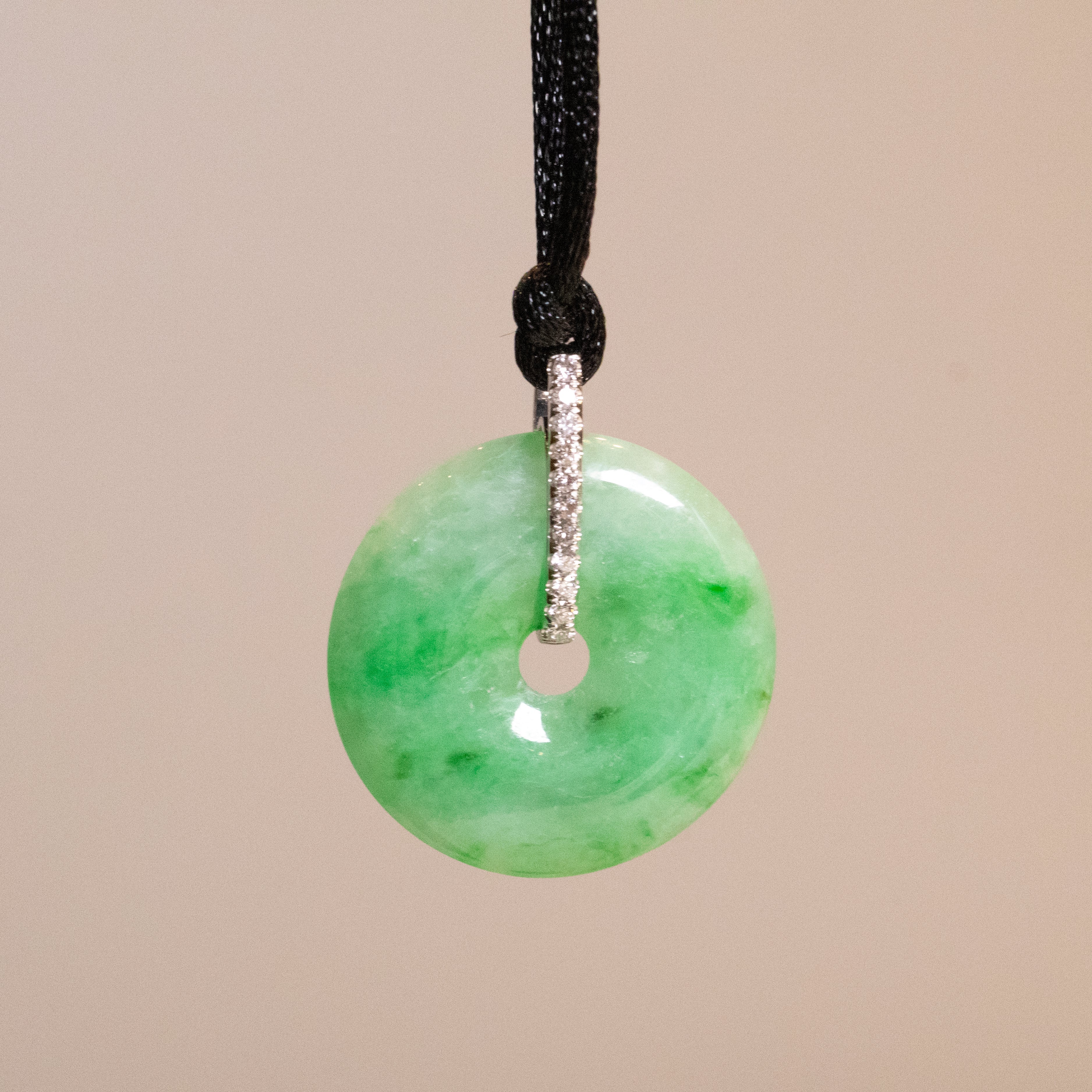 Imperial Green Jade Donut Pendant Necklace in 18K White Gold with Diamonds