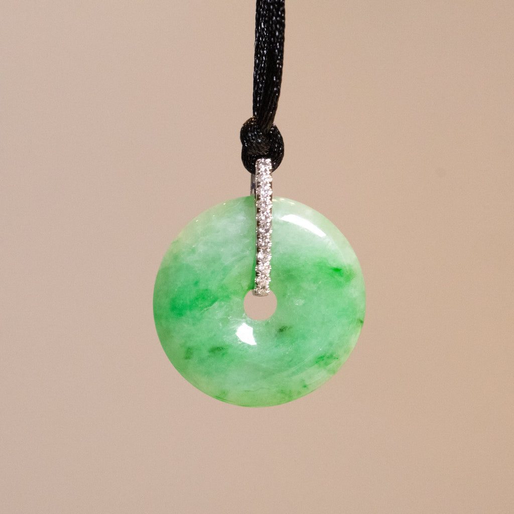 Imperial Green Jade Donut Pendant Necklace in 18K White Gold with Diamonds