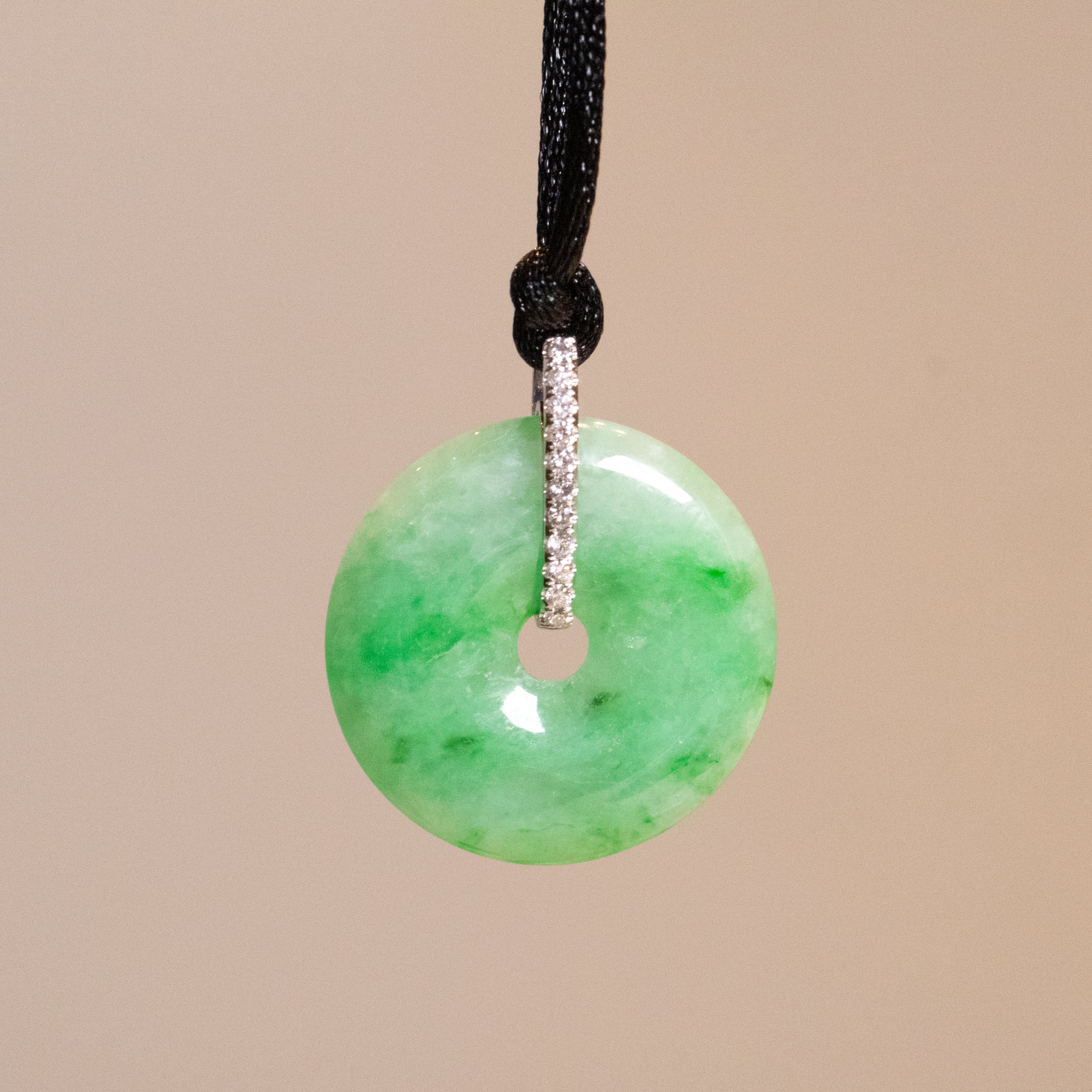 Imperial Green Jade Donut Pendant Necklace in 18K White Gold with Diamonds
