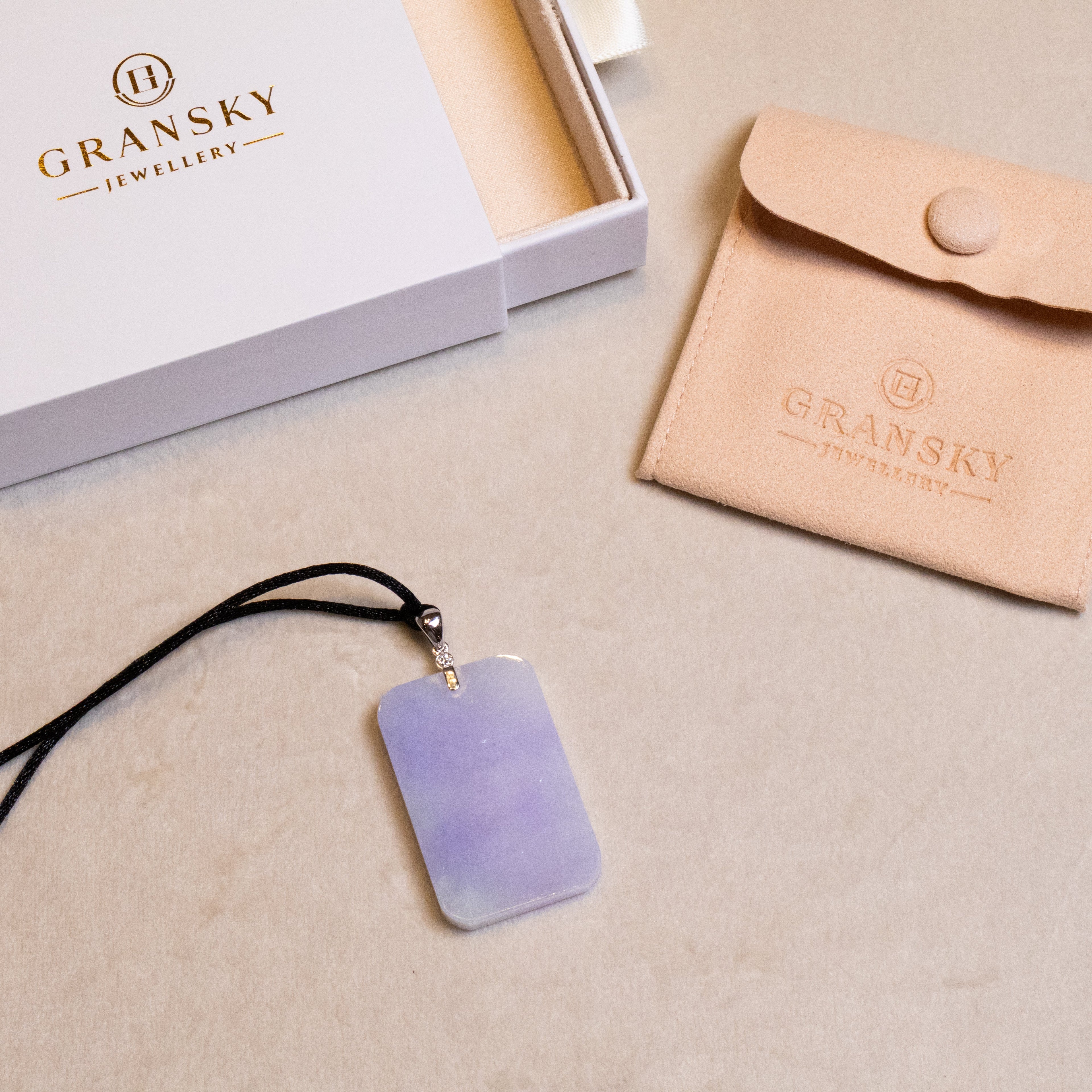 Purple Jade Rectangular Pendant in 18K White Gold with Diamond Accents