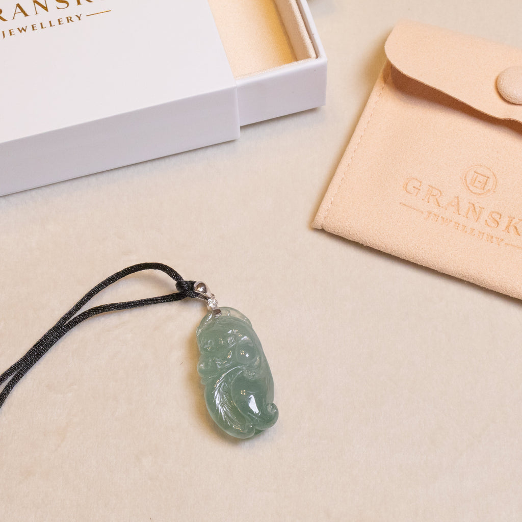 Exquisite Green Jade Lucky Rat and Ruyi Pendant with 18k White Gold Bail