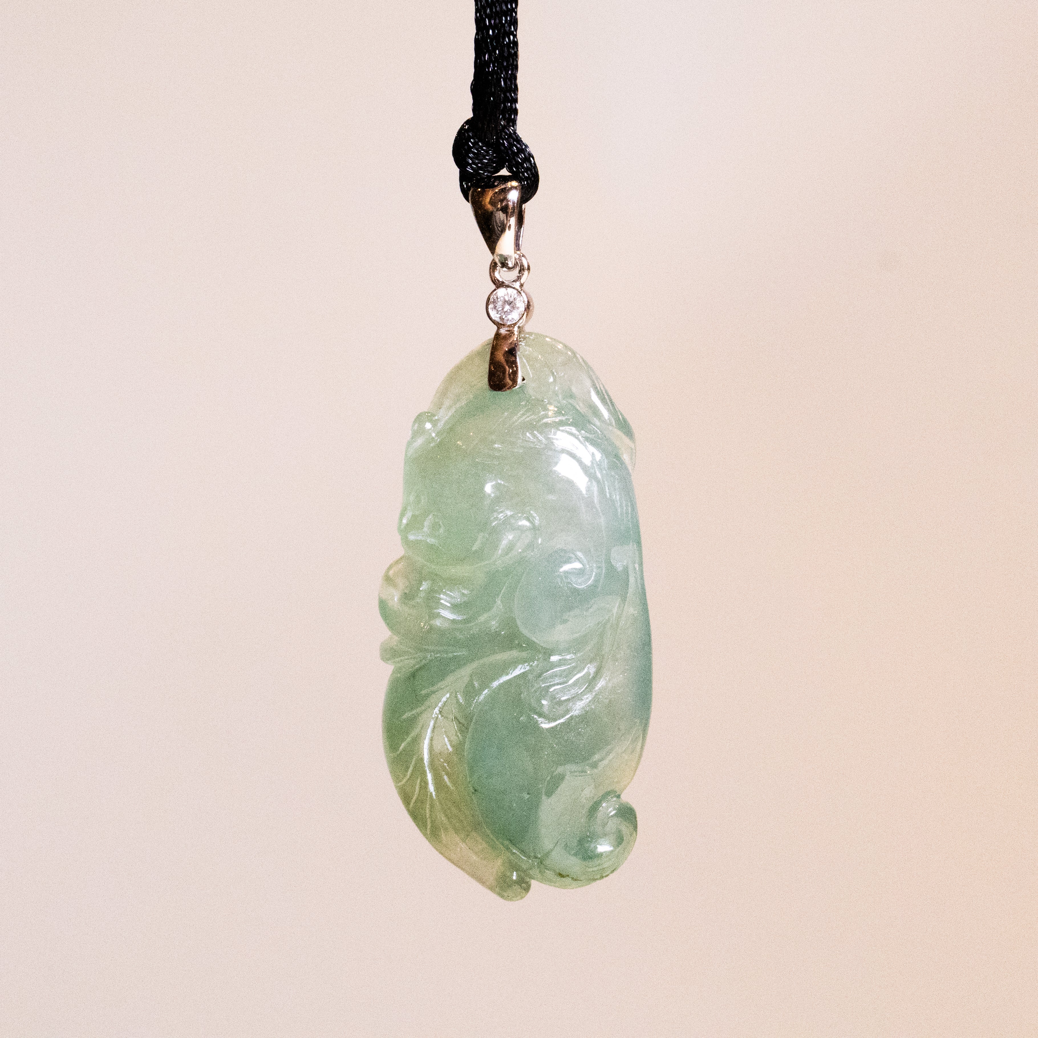 Exquisite Green Jade Lucky Rat and Ruyi Pendant with 18k White Gold Bail