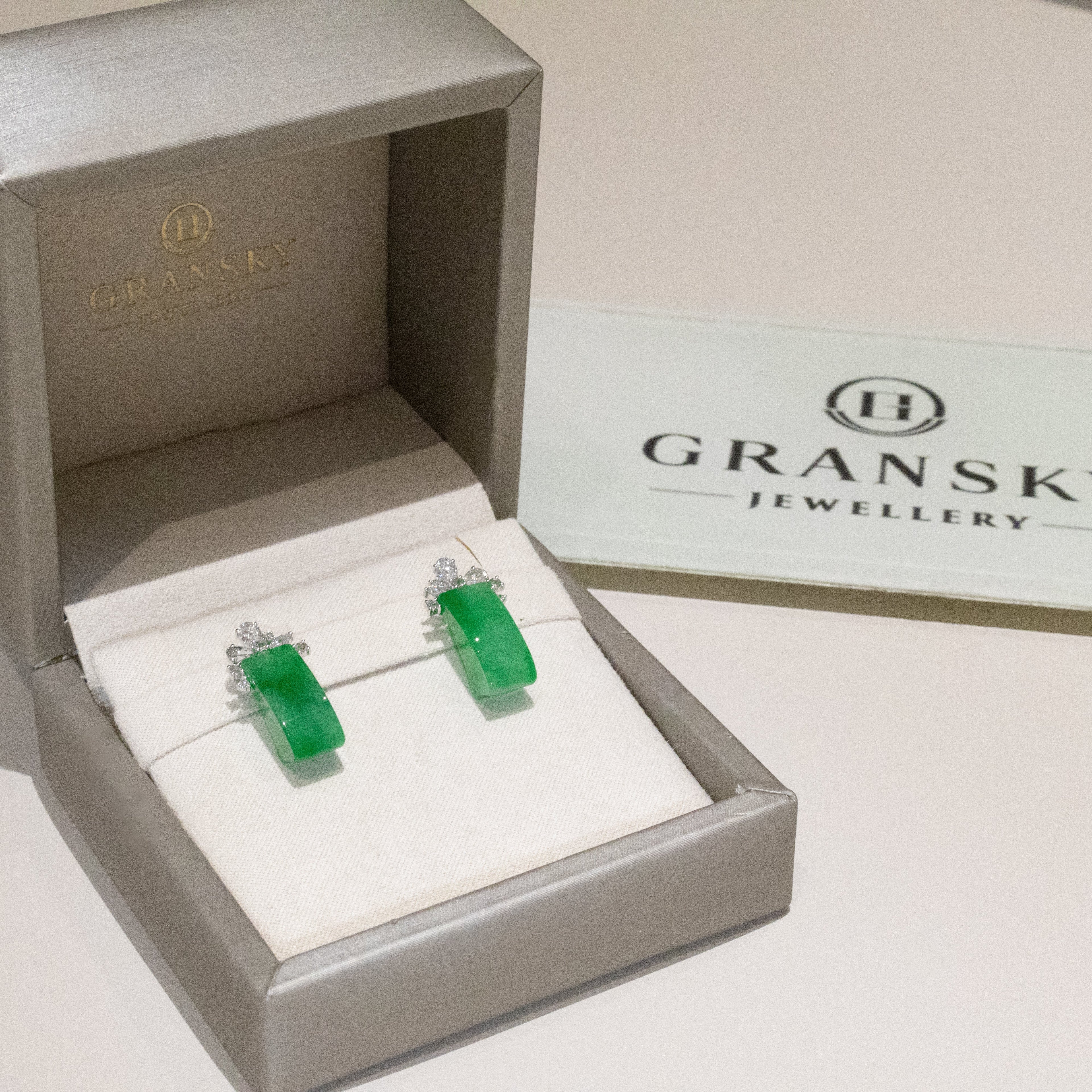 Gransky X Katherine Imperial Green Jade Stud Earrings with Diamonds
