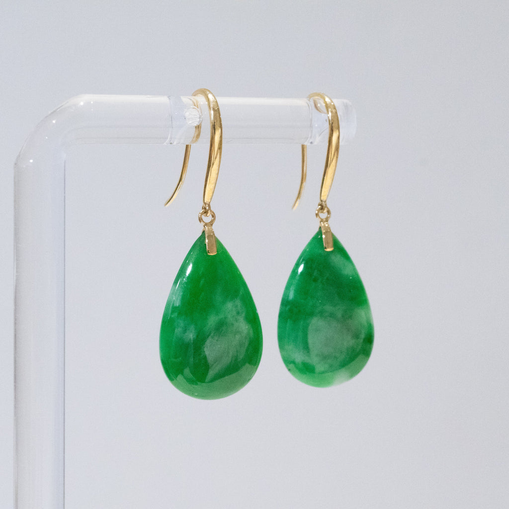 Imperial Green Pear-Shaped Drop Jade Earrings in 18k Yellow Gold