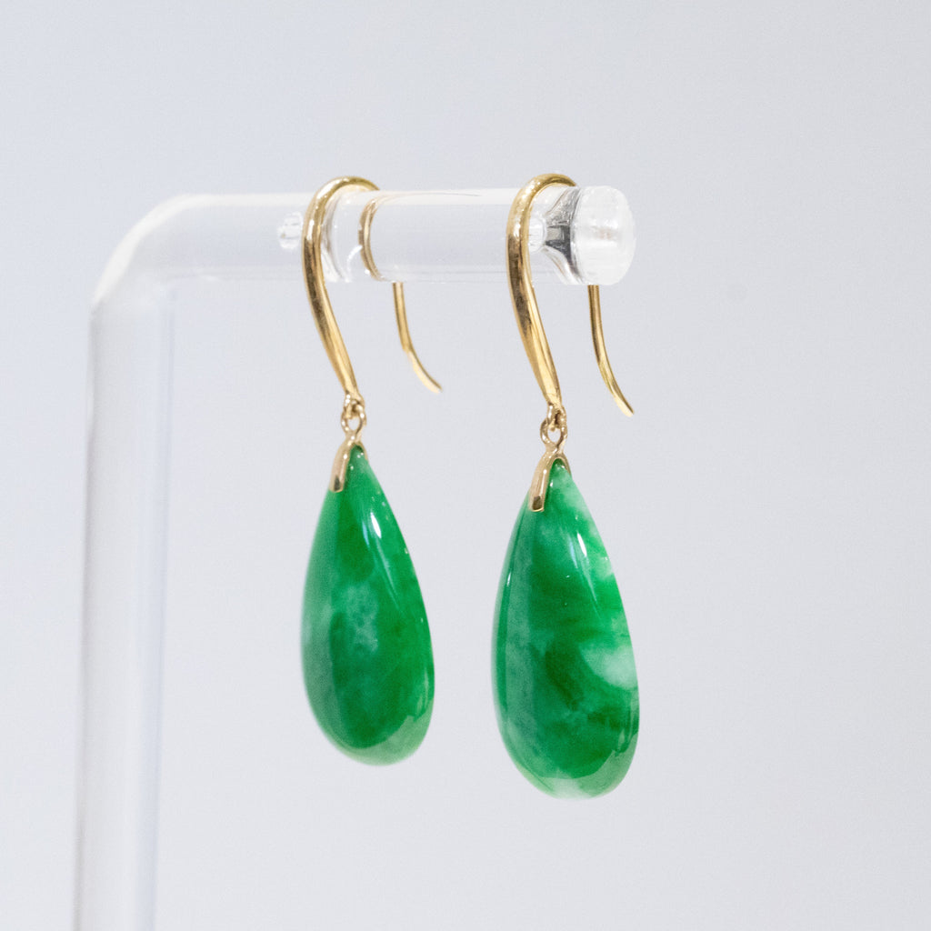 Imperial Green Pear-Shaped Drop Jade Earrings in 18k Yellow Gold