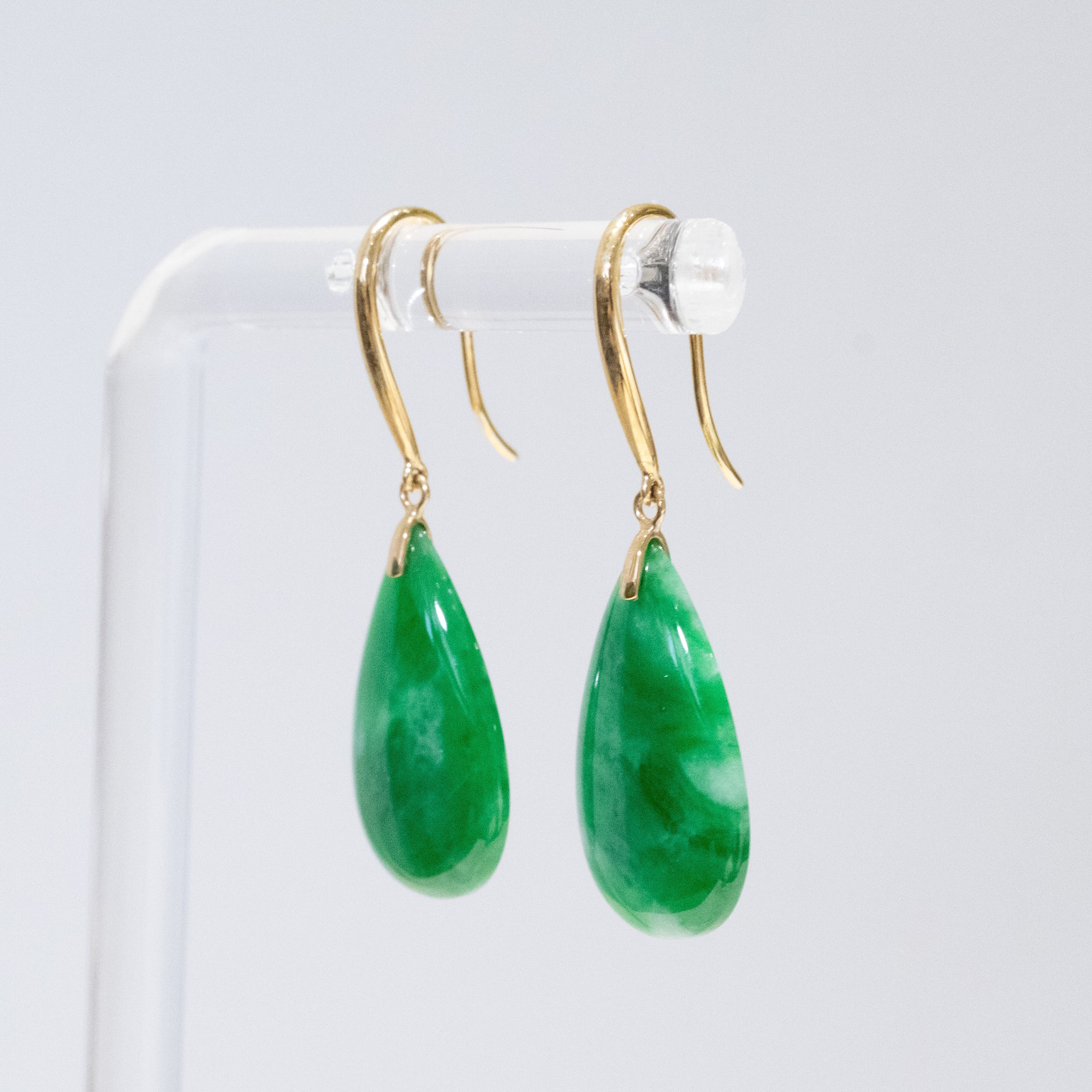 Imperial Green Pear-Shaped Drop Jade Earrings in 18k Yellow Gold