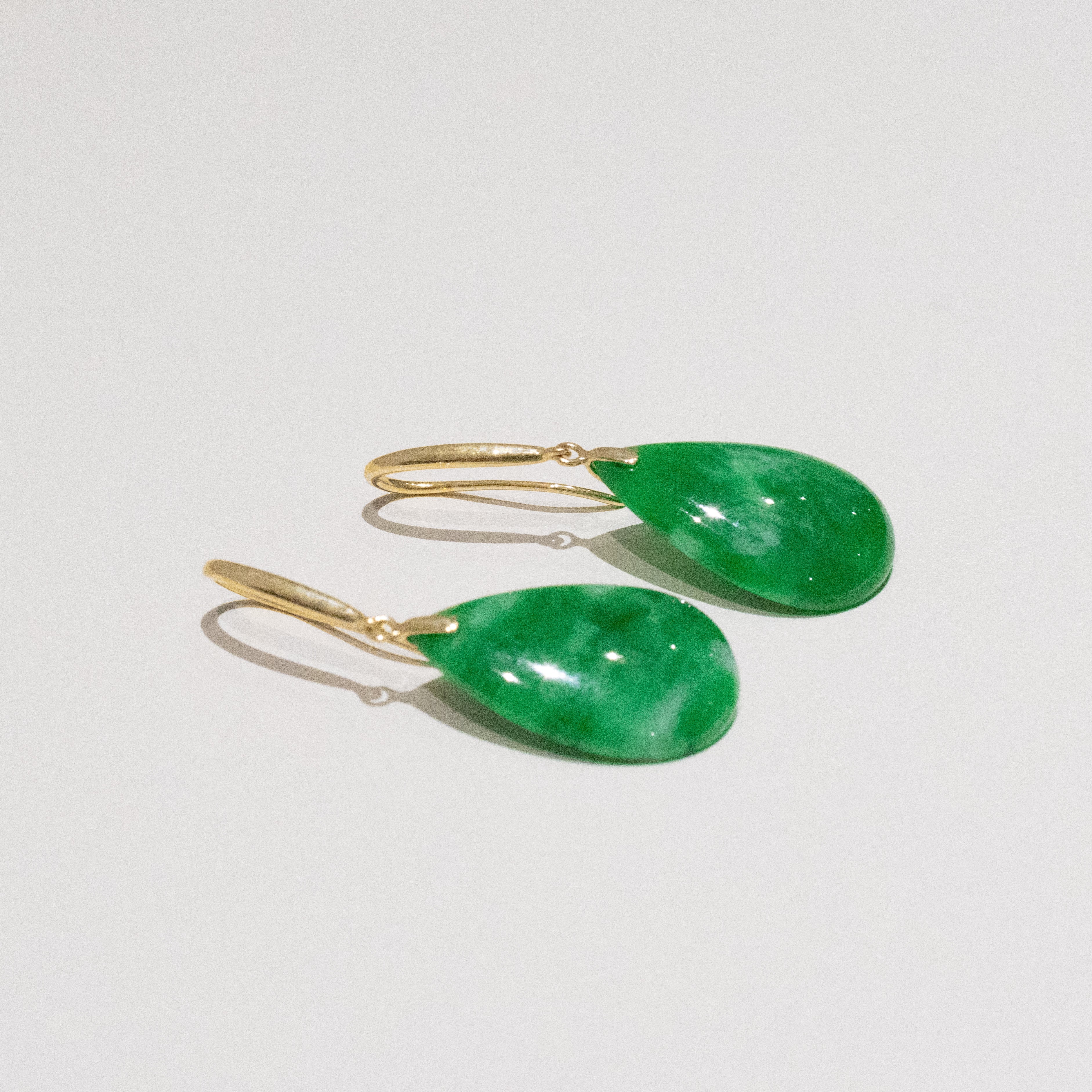 Imperial Green Pear-Shaped Drop Jade Earrings in 18k Yellow Gold