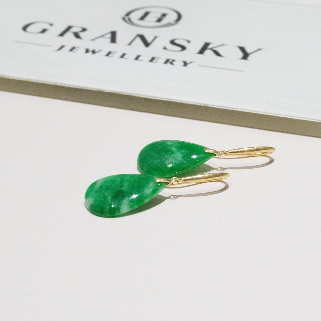 Imperial Green Pear-Shaped Drop Jade Earrings in 18k Yellow Gold