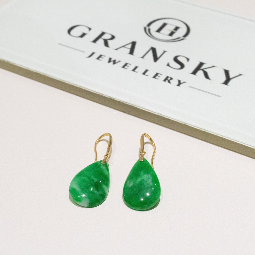 Imperial Green Pear-Shaped Drop Jade Earrings in 18k Yellow Gold