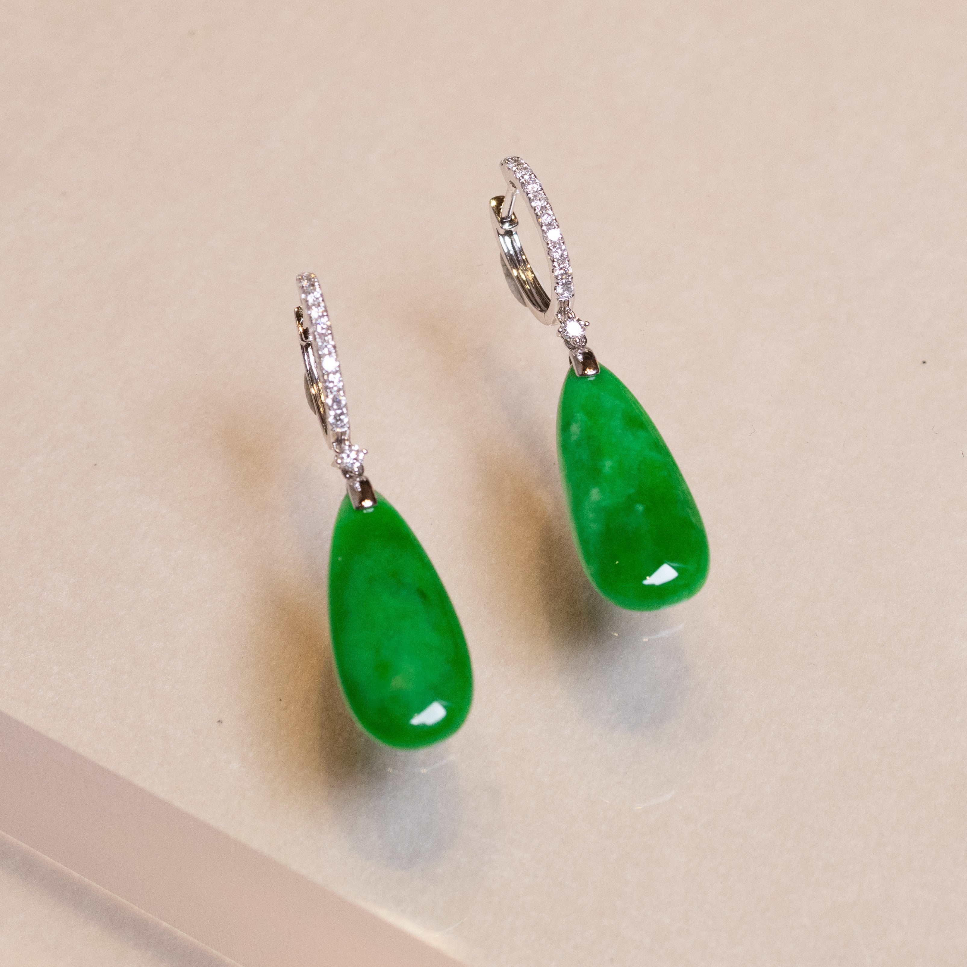 Imperial Green Pear-Shaped Drop Jade Earrings in 18k White Gold Diamonds