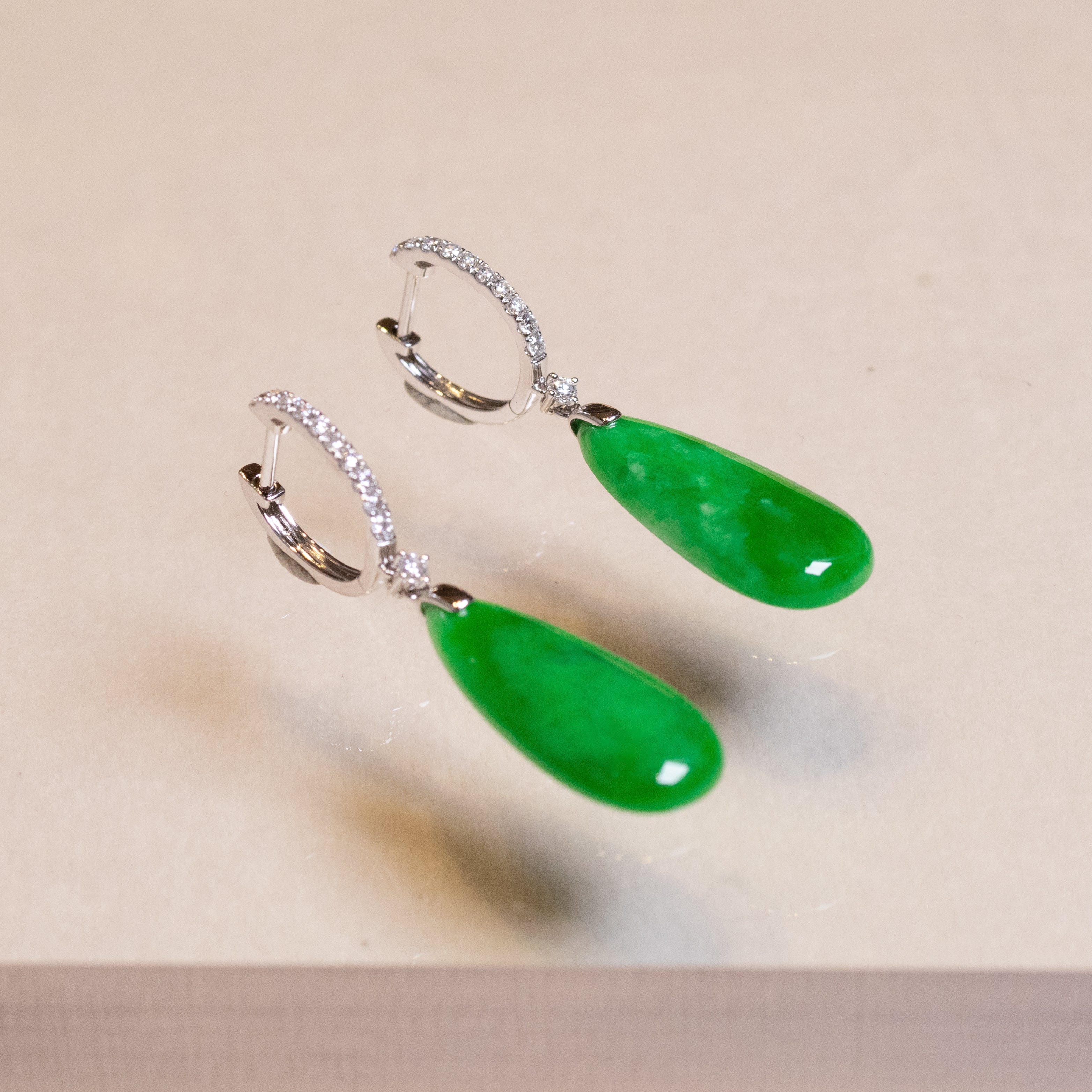 Imperial Green Pear-Shaped Drop Jade Earrings in 18k White Gold Diamonds