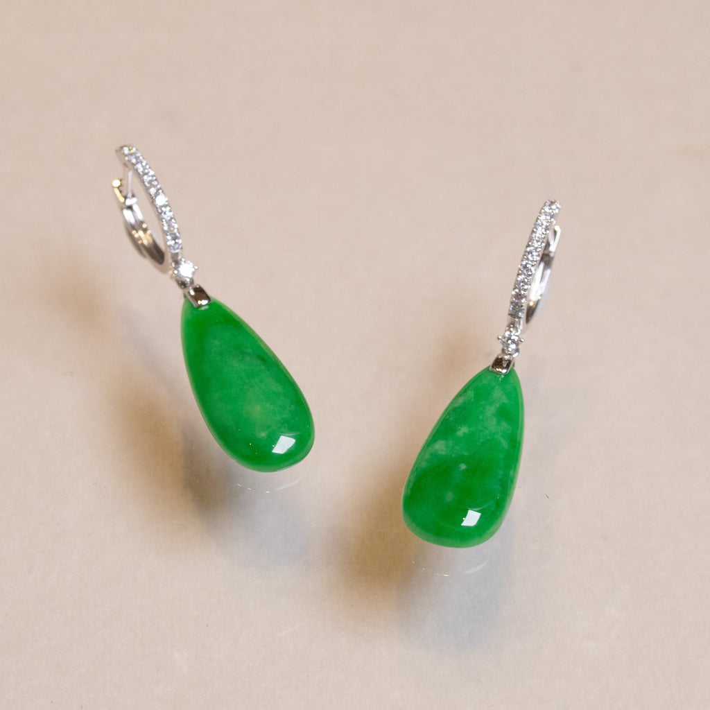 Imperial Green Pear-Shaped Drop Jade Earrings in 18k White Gold Diamonds