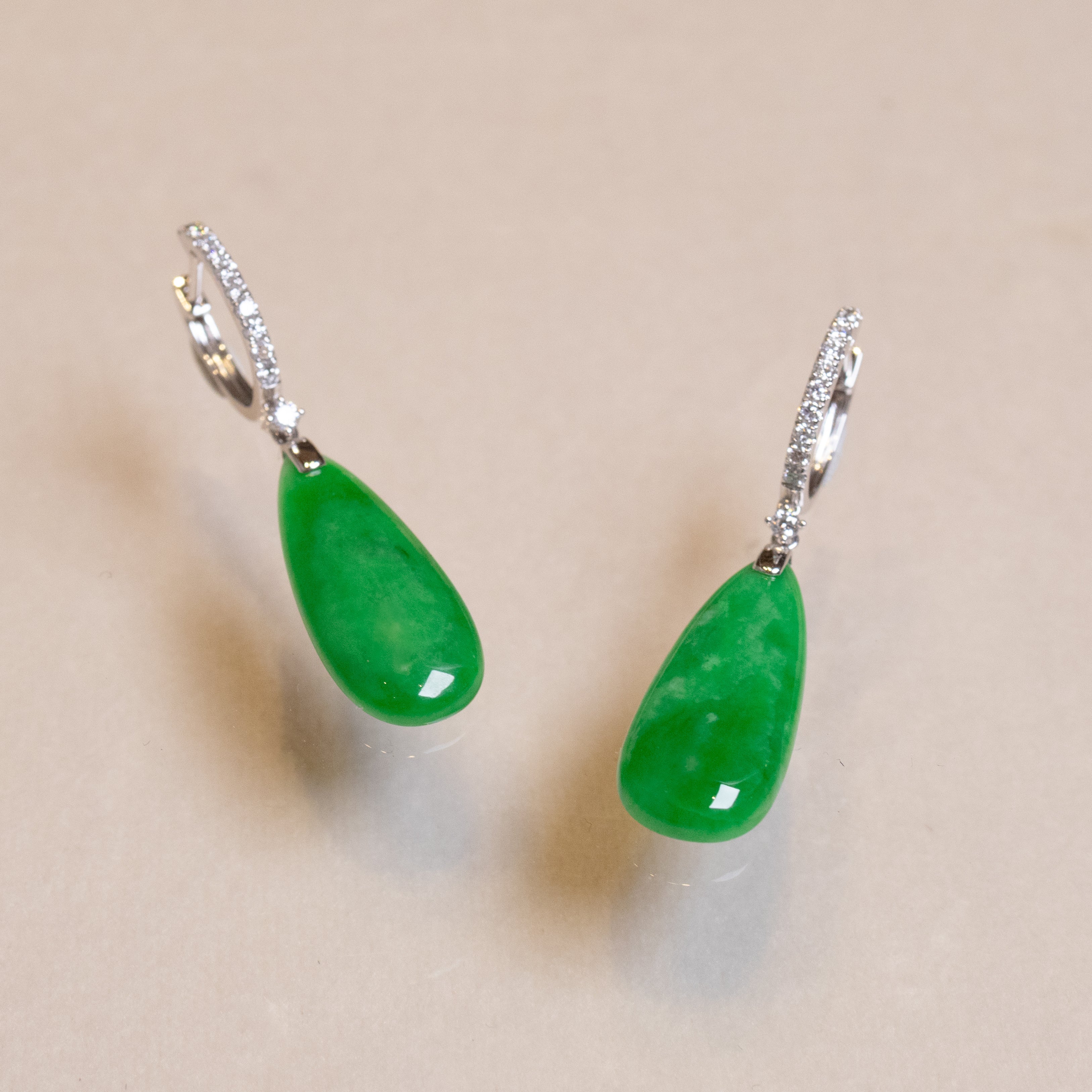 Imperial Green Pear-Shaped Drop Jade Earrings in 18k White Gold Diamonds
