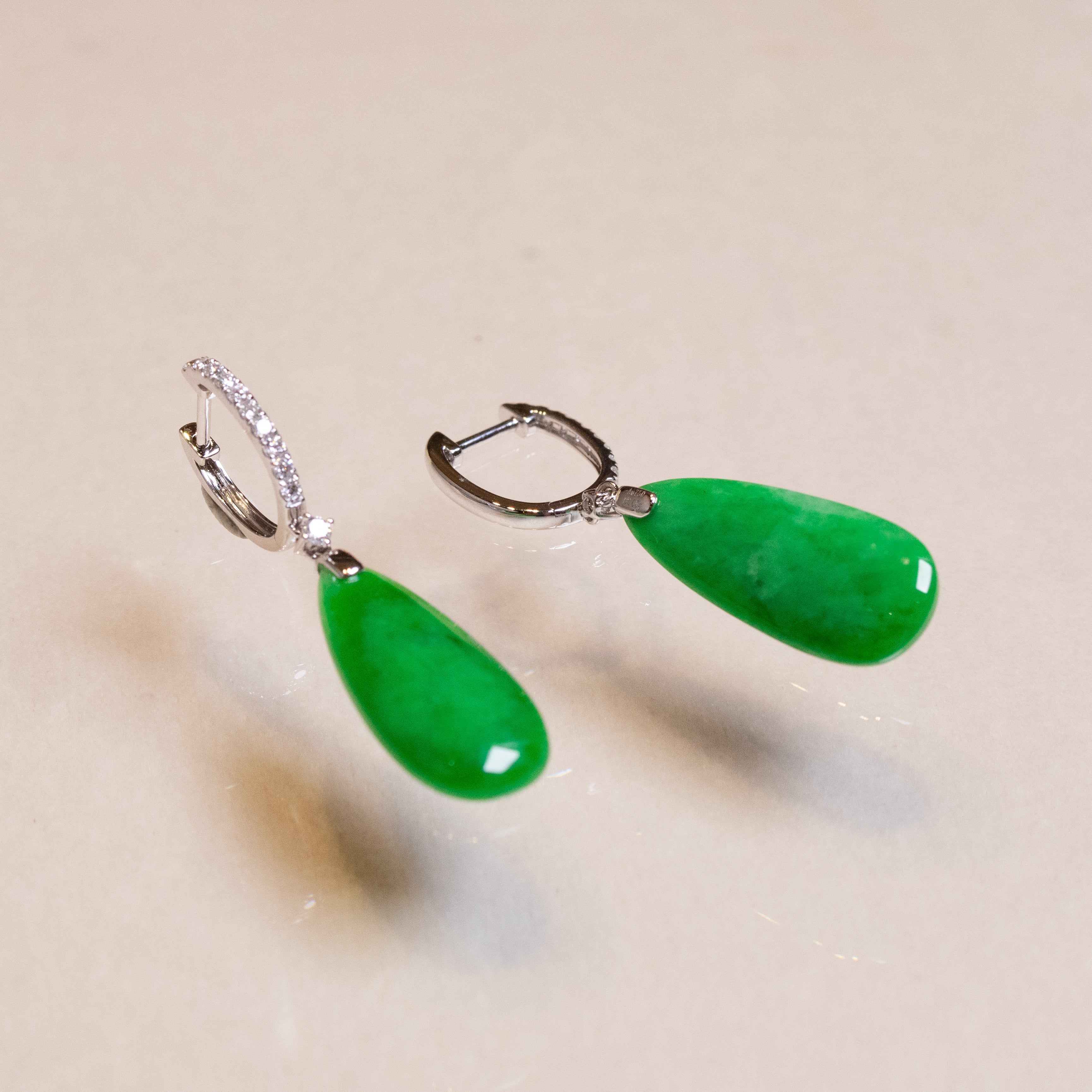 Imperial Green Pear-Shaped Drop Jade Earrings in 18k White Gold Diamonds
